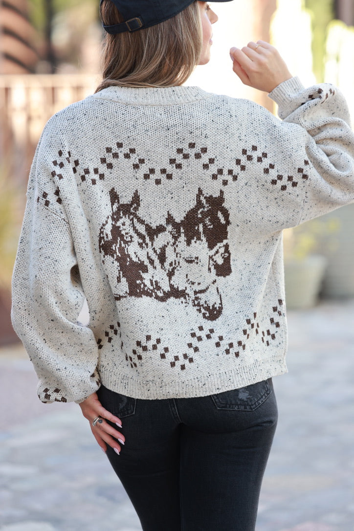 Person wearing a sweater with horse designs on the back - Horse graphic cardigan, Western button down sweater, Equestrian fall knit, Oatmeal horse print cardigan, Cowgirl boutique sweater