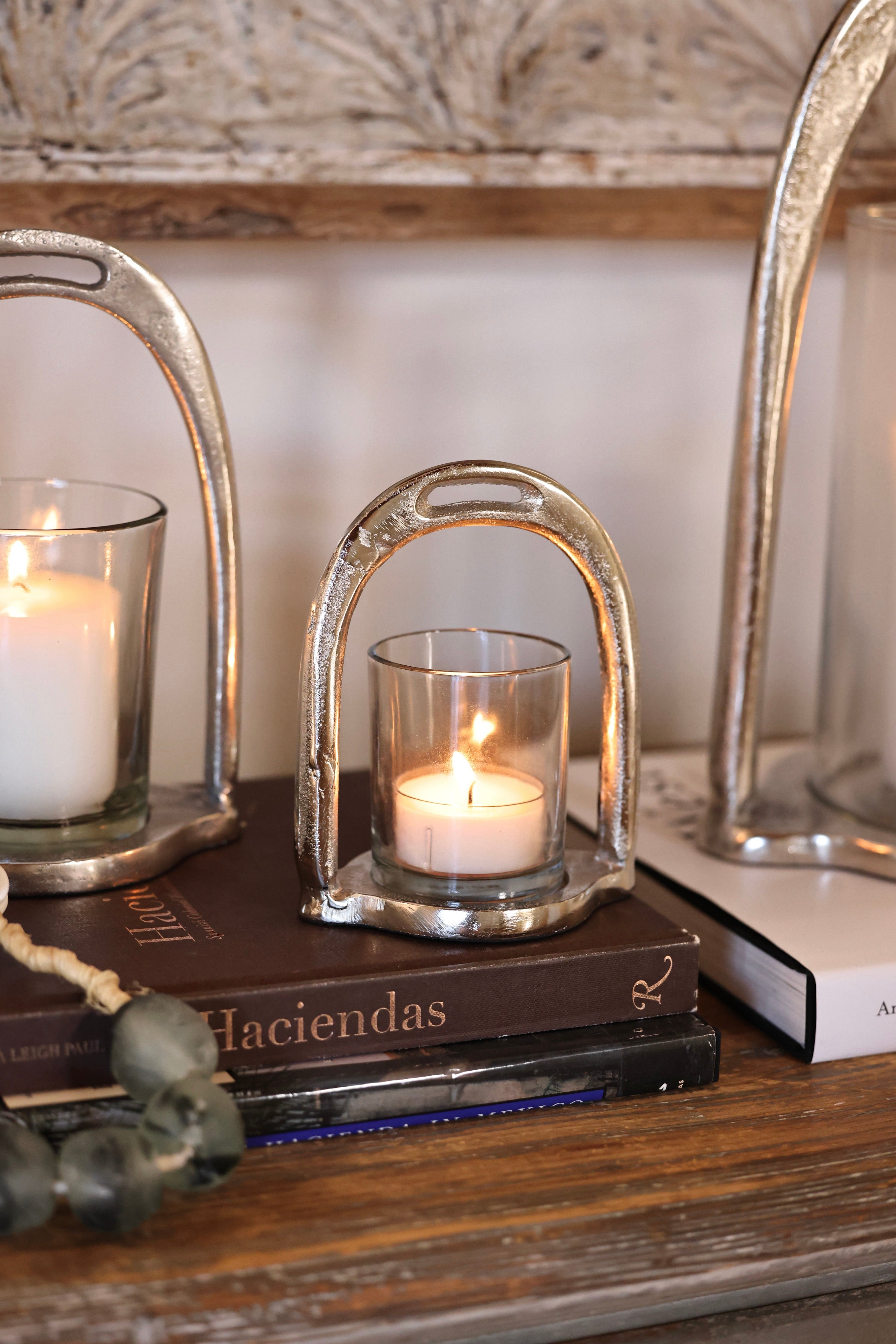 thg stylish equestrian stirrup hurricane candle holder small