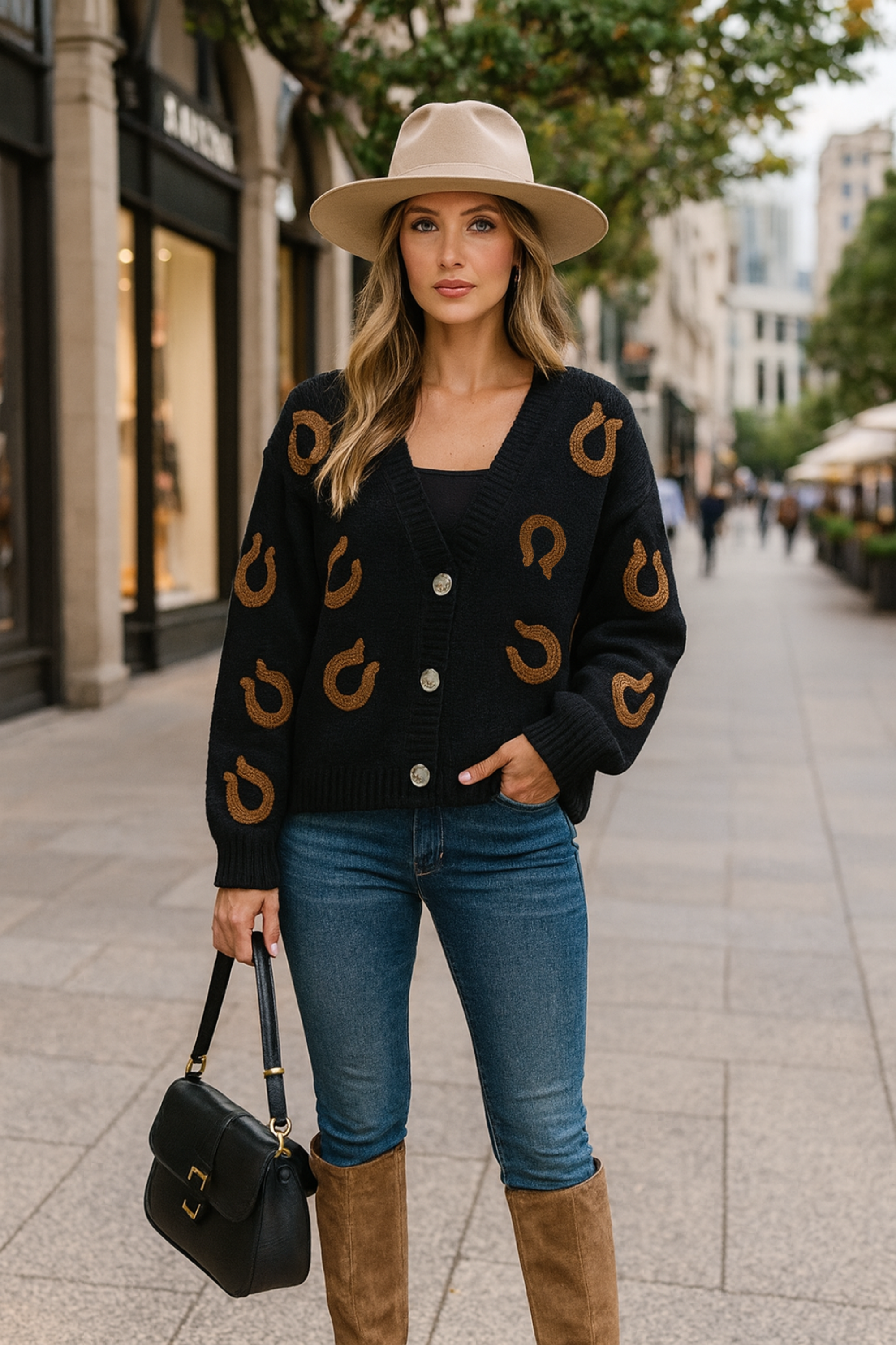 Dark-colored acrylic knit cardigan with button-front closure and deep V-neckline, featuring plush embroidered horseshoe patches throughout. Relaxed, slightly oversized fit inspired by Western style; cozy equestrian-themed fall sweater.