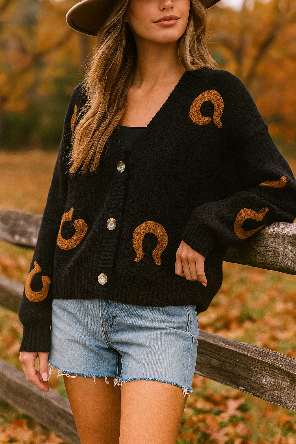 Black chunky knit cardigan with oversized brown horseshoe patches, button-front closure and deep V-neckline, styled casually with denim shorts for a relaxed equestrian-inspired look. equestrian cardigan, horseshoe print sweater, chunky knit cardigan, women’s equestrian fashion, cozy barn outfit, western inspired cardigan, horse lover gift, oversized knit sweater, casual equestrian style, layered fall equestrian look, stylish barn wear, country chic cardigan, horse themed apparel, rustic western sweater