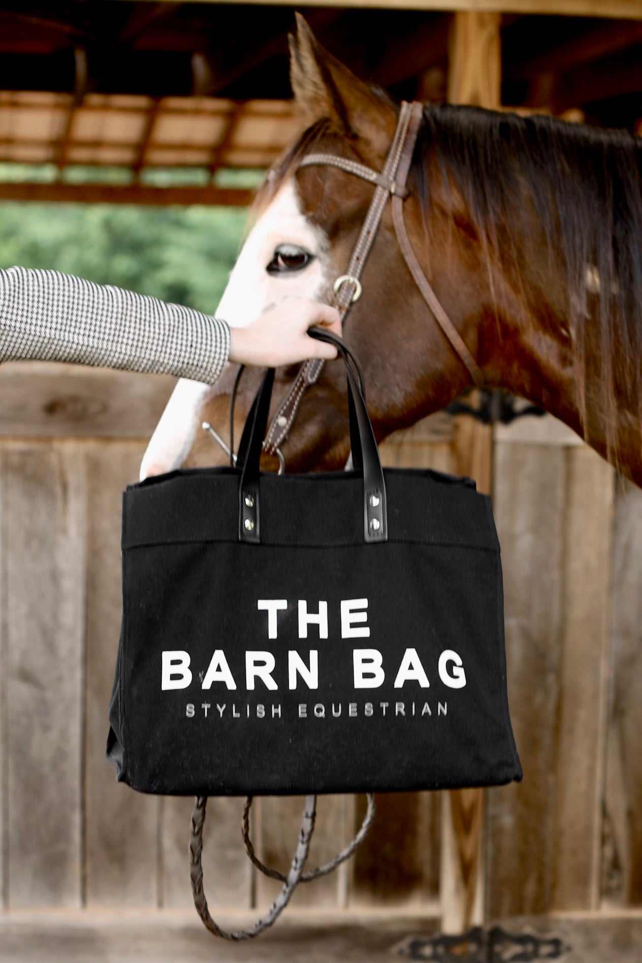 stylish equestrian the barn bag canvas tote The Barn Bag Tote by Stylish Equestrian — durable canvas carry-all featuring cheeky front print, genuine leather handles, and two interior side pockets perfectly sized for a champagne bottle. Made in the USA, this equestrian-inspired tote is the ultimate barn and horse show essential.