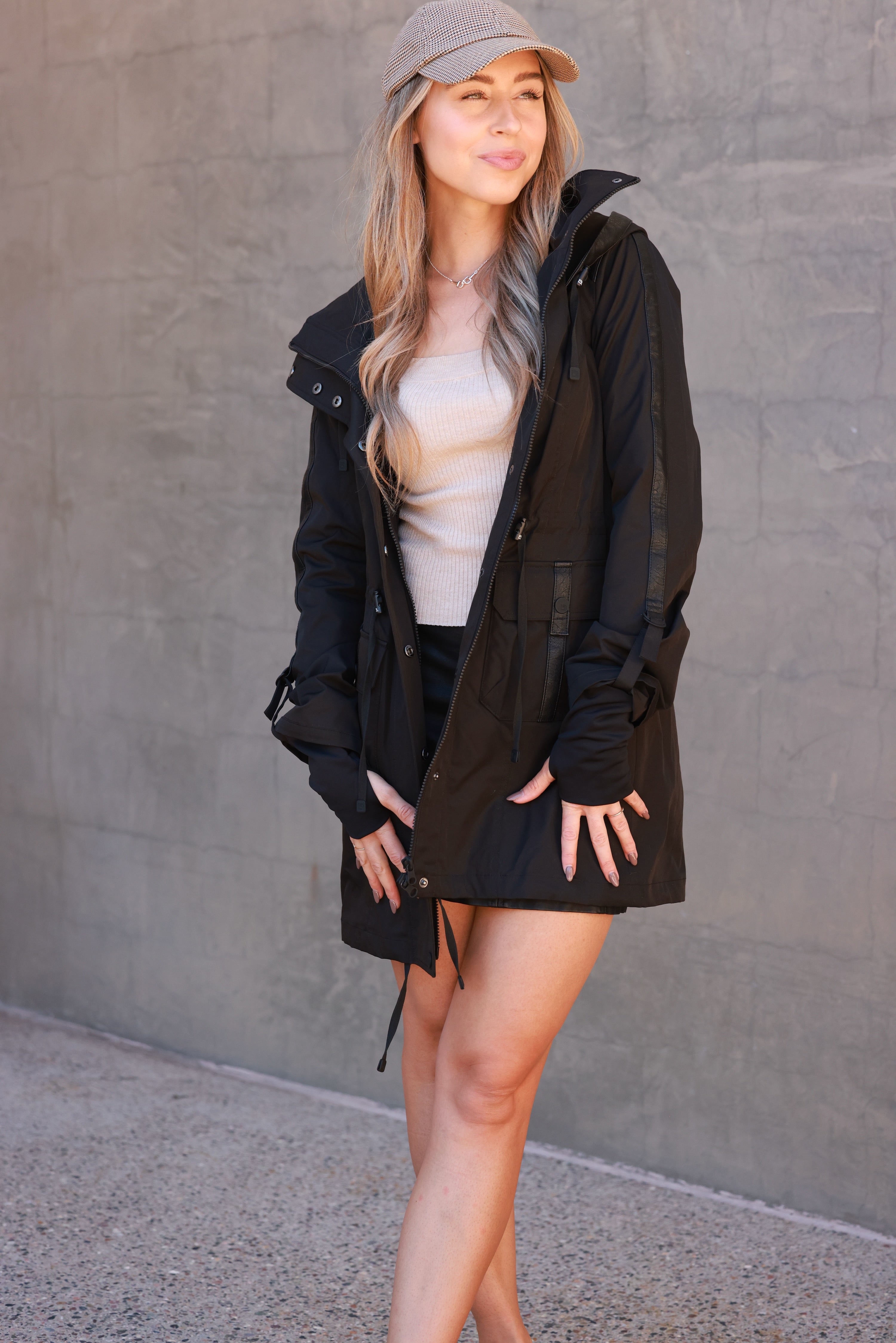 Black utility jacket, Women's anorak coat, Hooded lightweight outerwear, Stylish rain-ready jacket, Fall layering essential