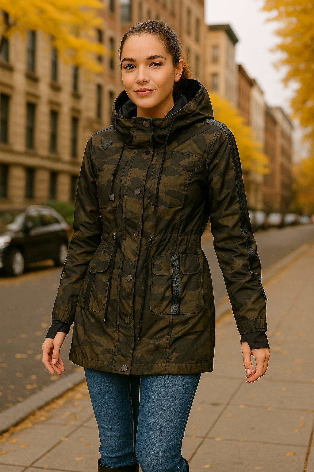 Woman wearing an olive camo anorak jacket with adjustable waist, hood, storm cuffs with thumbholes, zip front with button closure, and two front pockets. Stylish equestrian outerwear designed as a versatile horse riding jacket, barn jacket, and raincoat for horse girls.