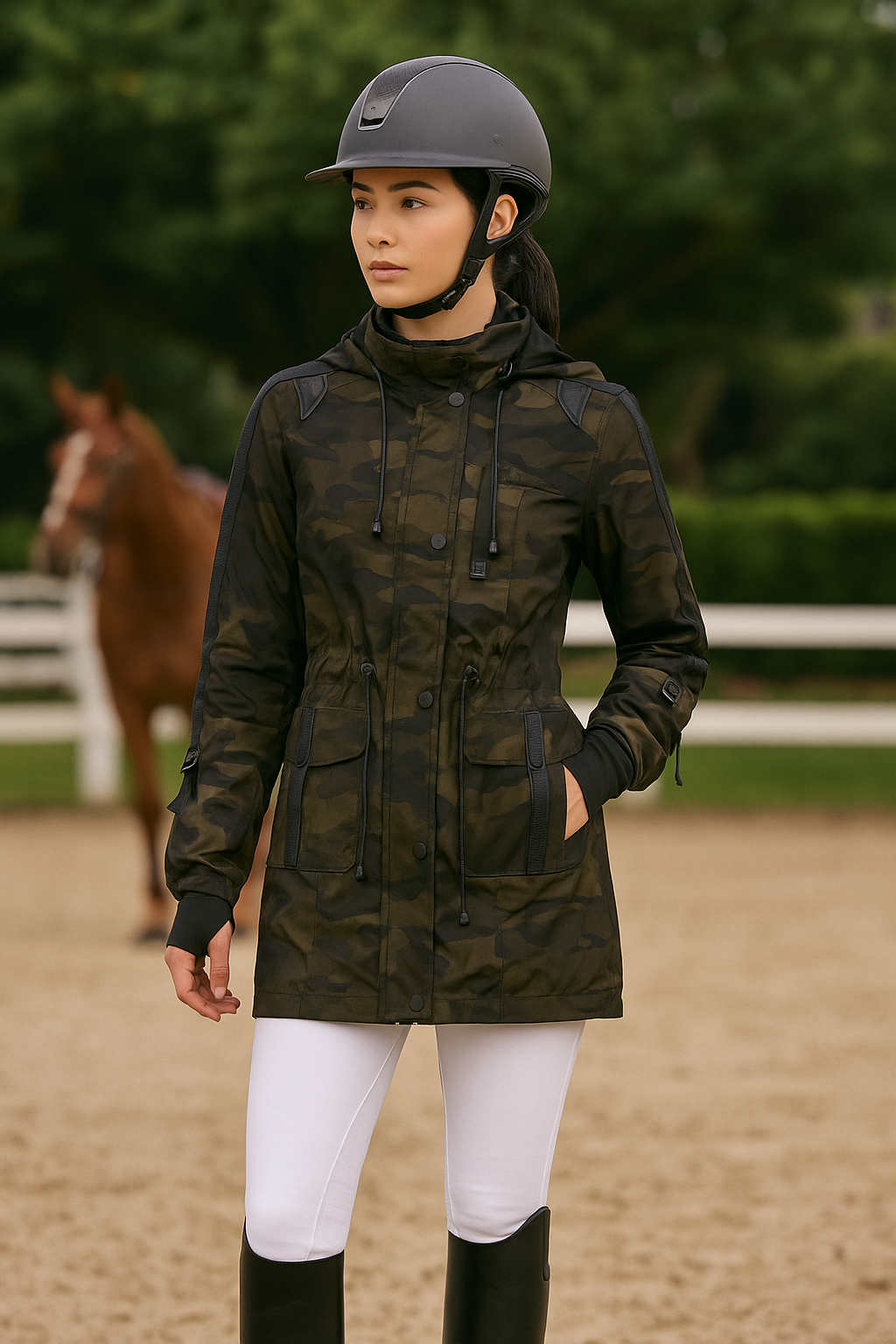 Woman wearing an olive camo anorak jacket with adjustable waist, hood, storm cuffs with thumbholes, zip front with button closure, and two front pockets. Stylish equestrian outerwear designed as a versatile horse riding jacket, barn jacket, and raincoat for horse girls.