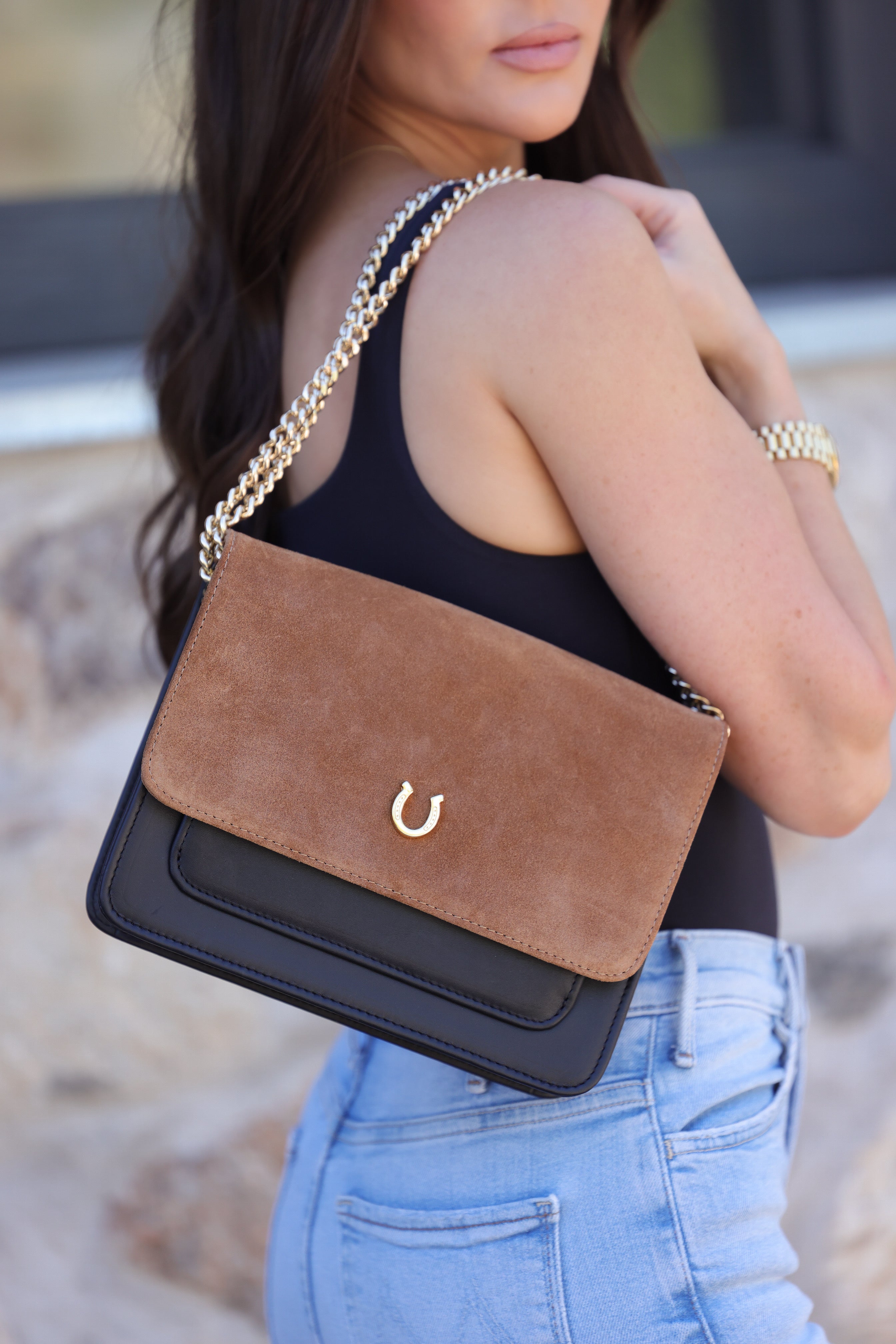 esquivias boots stylish equestrian aria suede leather horseshoe bag - horseshoe detail handbag, equestrian designer handbag, horseshoe accessory