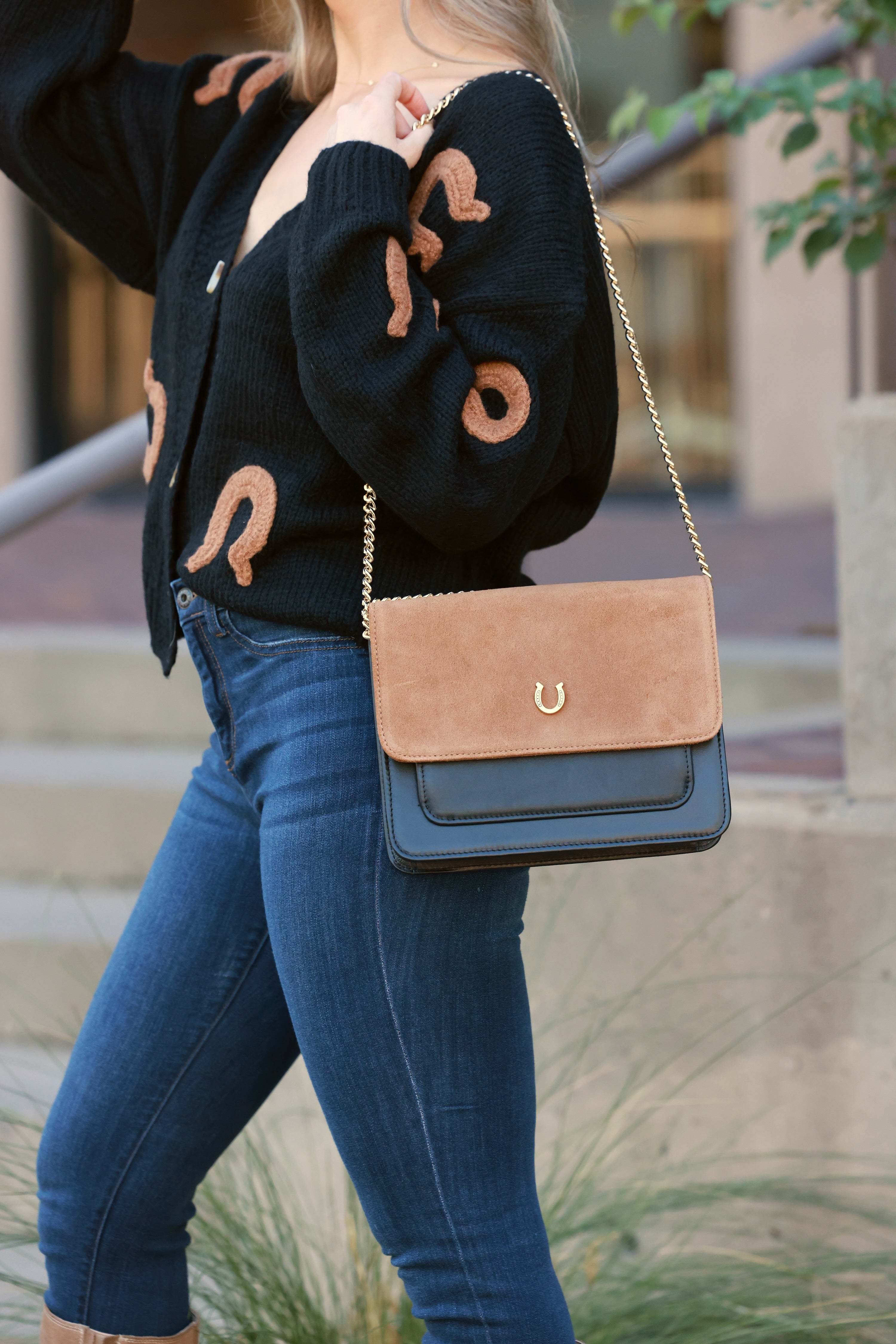 esquivias boots stylish equestrian aria suede leather horseshoe bag - horseshoe detail handbag, equestrian designer handbag, horseshoe accessory