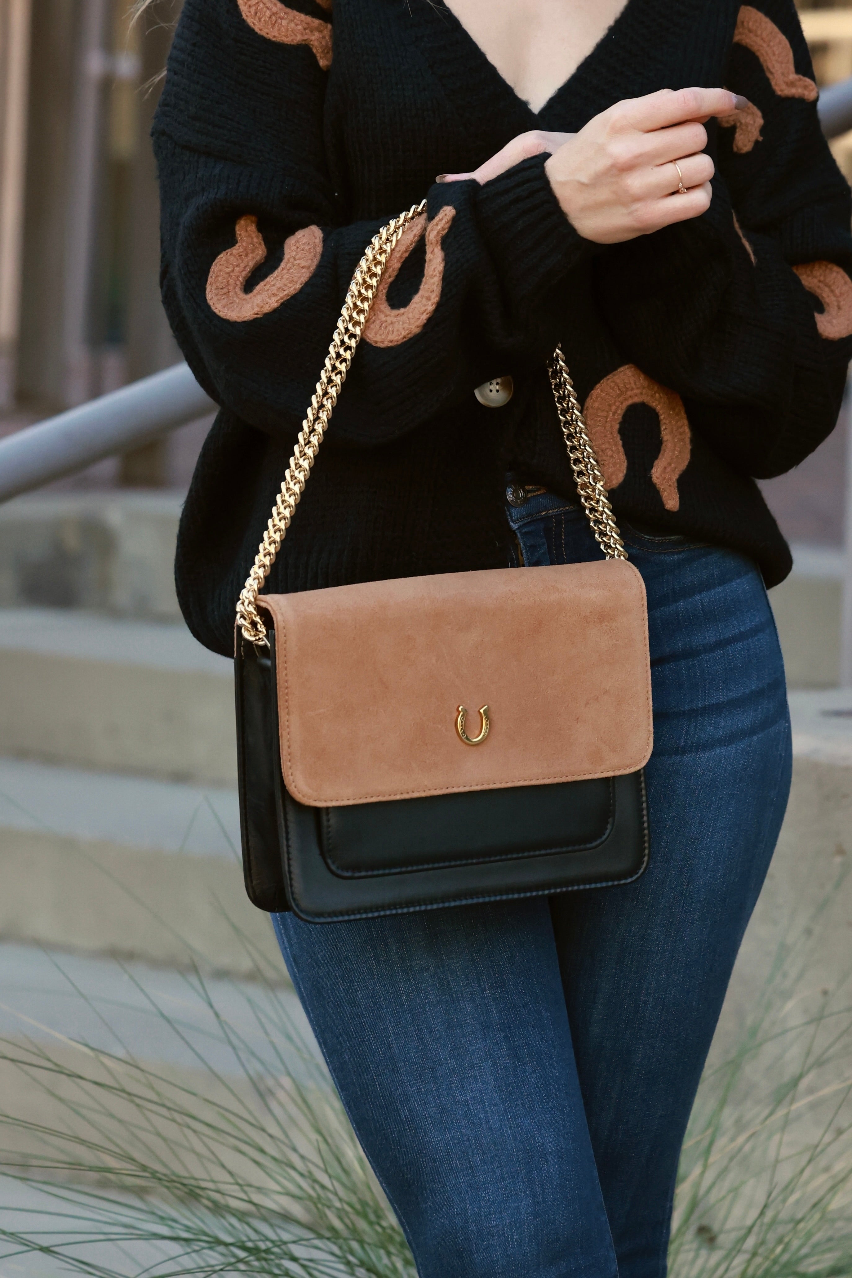 esquivias boots stylish equestrian aria suede leather horseshoe bag - horseshoe detail handbag, equestrian designer handbag, horseshoe accessory