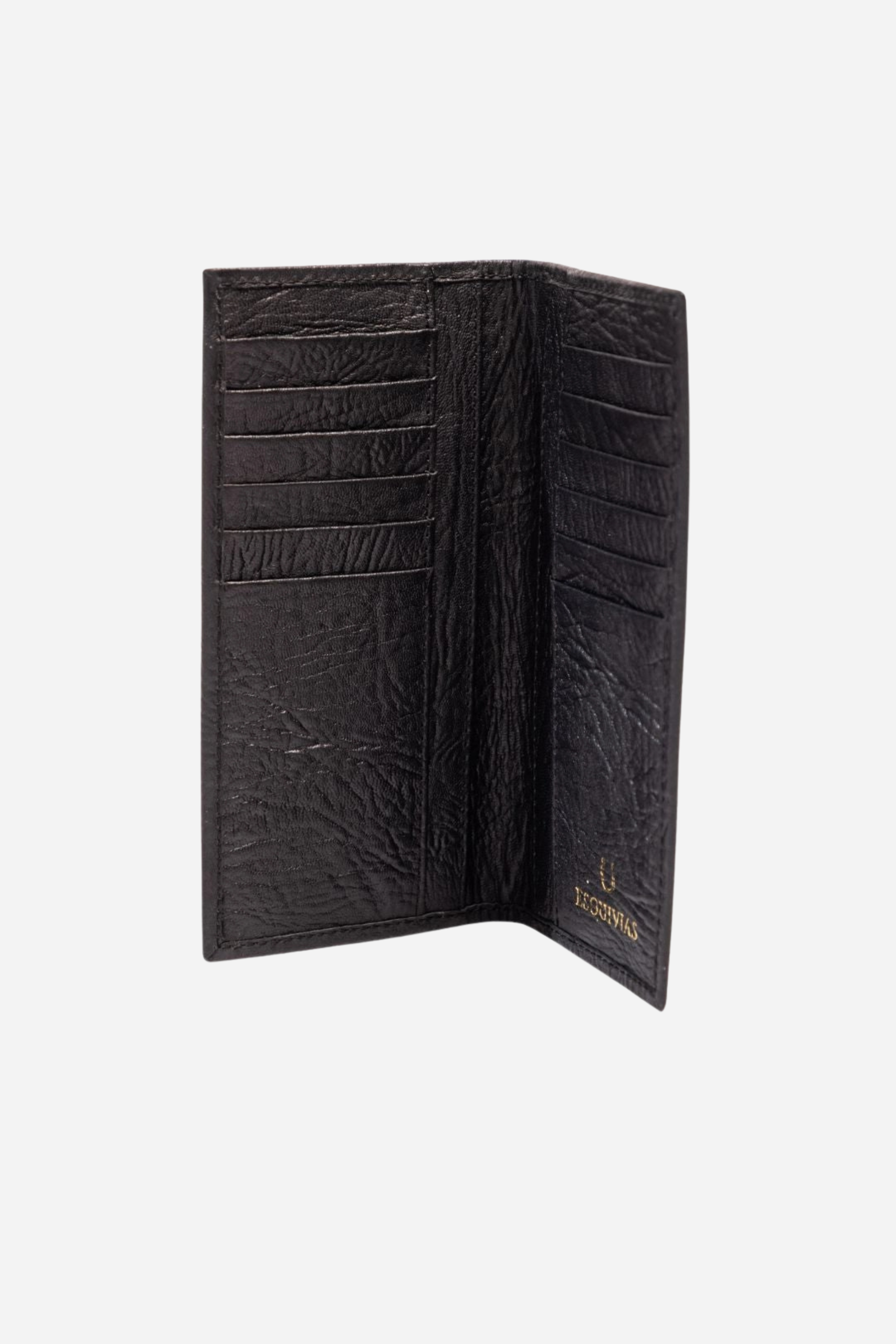 Compact textured leather wallet featuring gold metal hardware, multiple card slots, and bill pockets