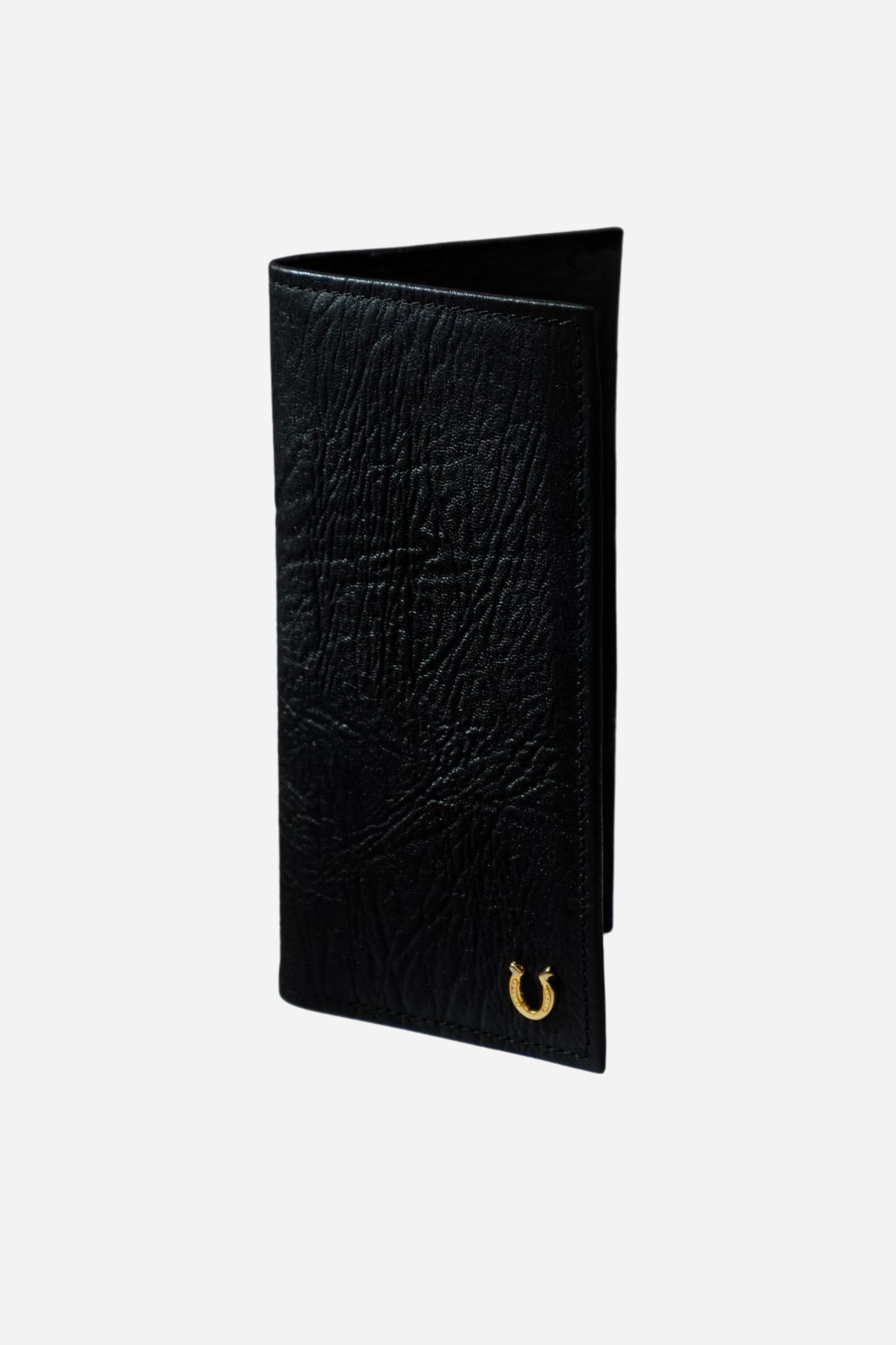 Compact textured leather wallet featuring gold metal hardware, multiple card slots, bill pockets