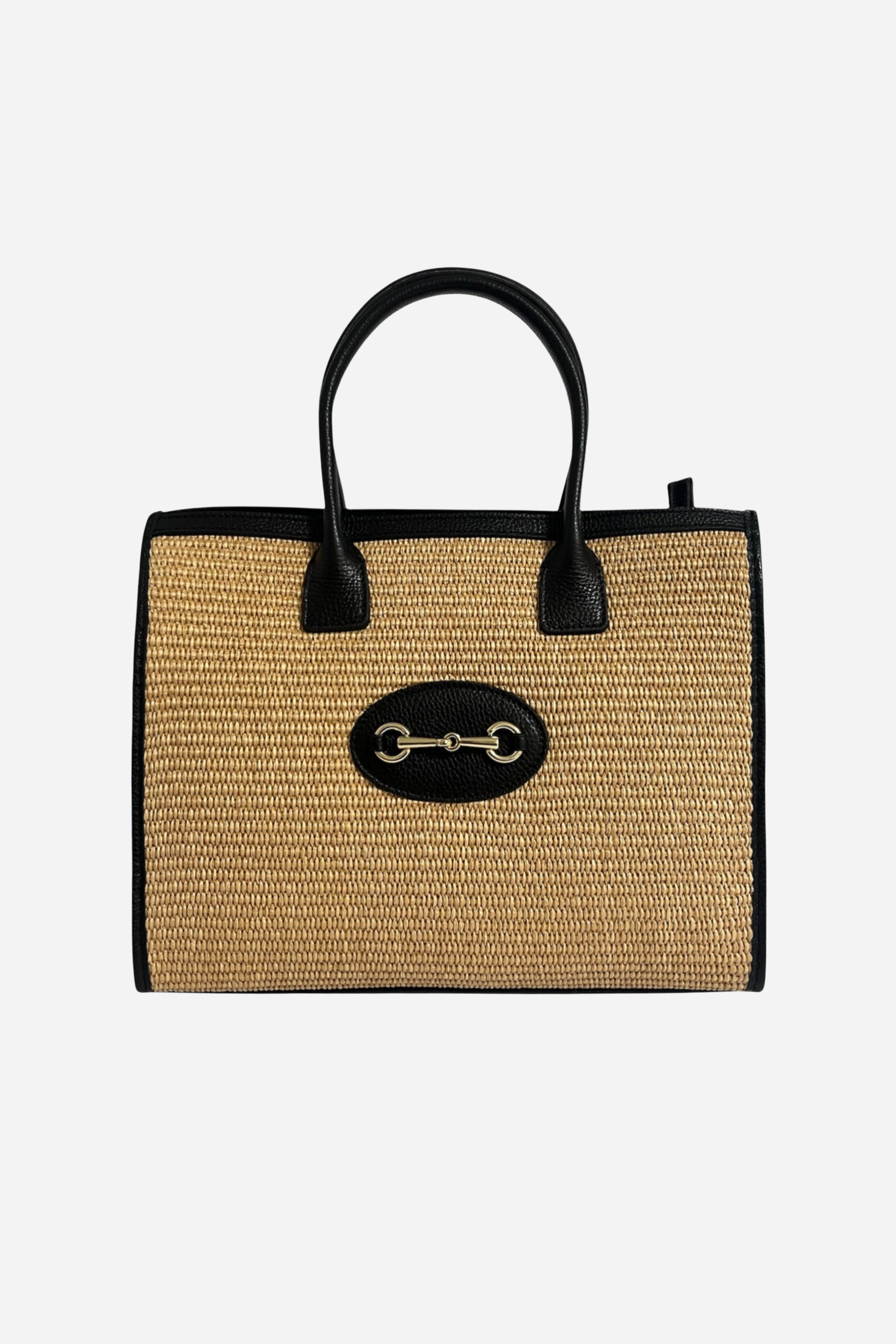 Raffia and leather horsebit shopper tote with adjustable shoulder strap and zip closure, equestrian-inspired everyday handbag.