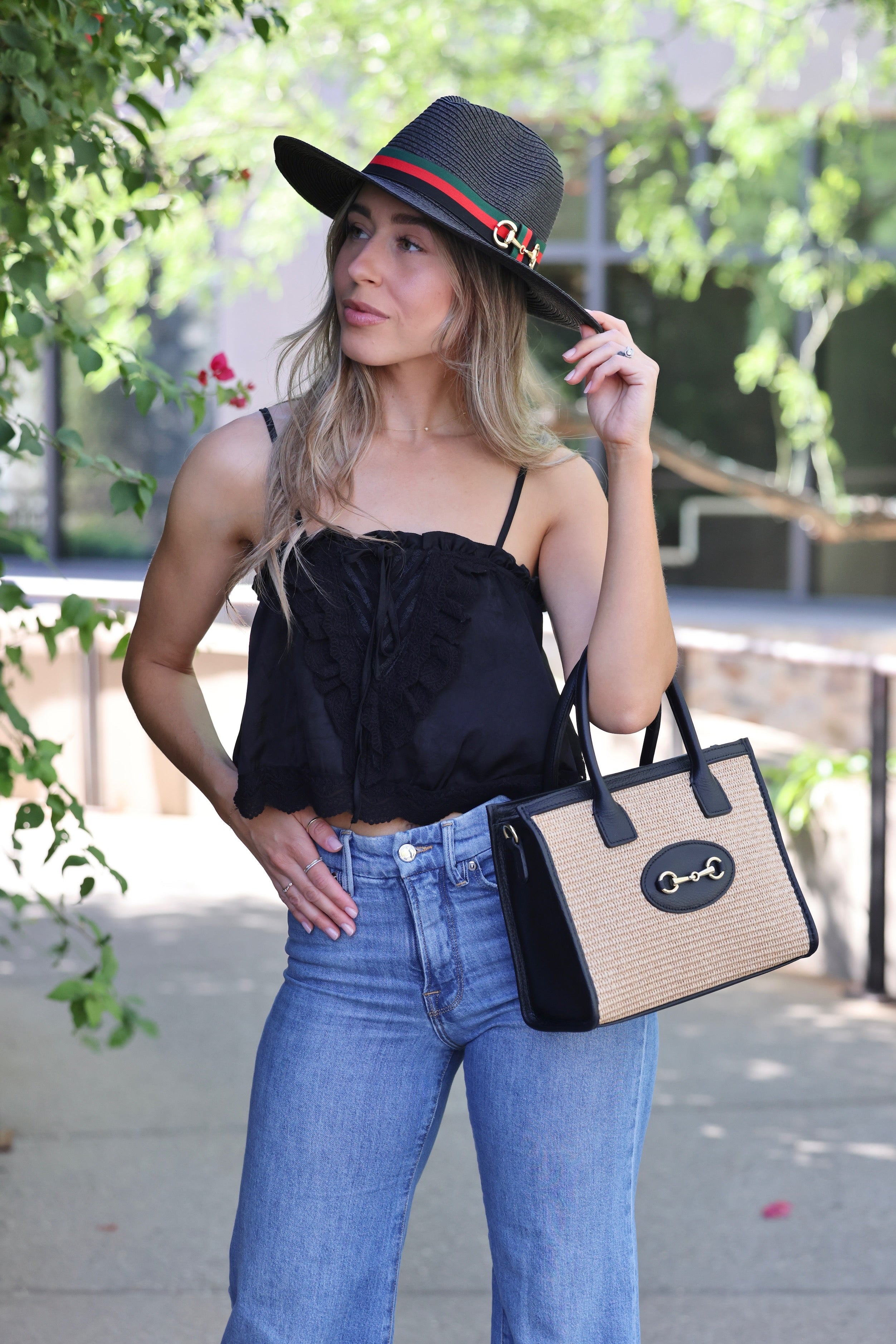 Equestrian-inspired panama sun hat with stripe ribbon, horse bit detail, and adjustable inner band. sun hat, straw sun hat, panama hat, paper straw hat, summer hat, wide brim hat