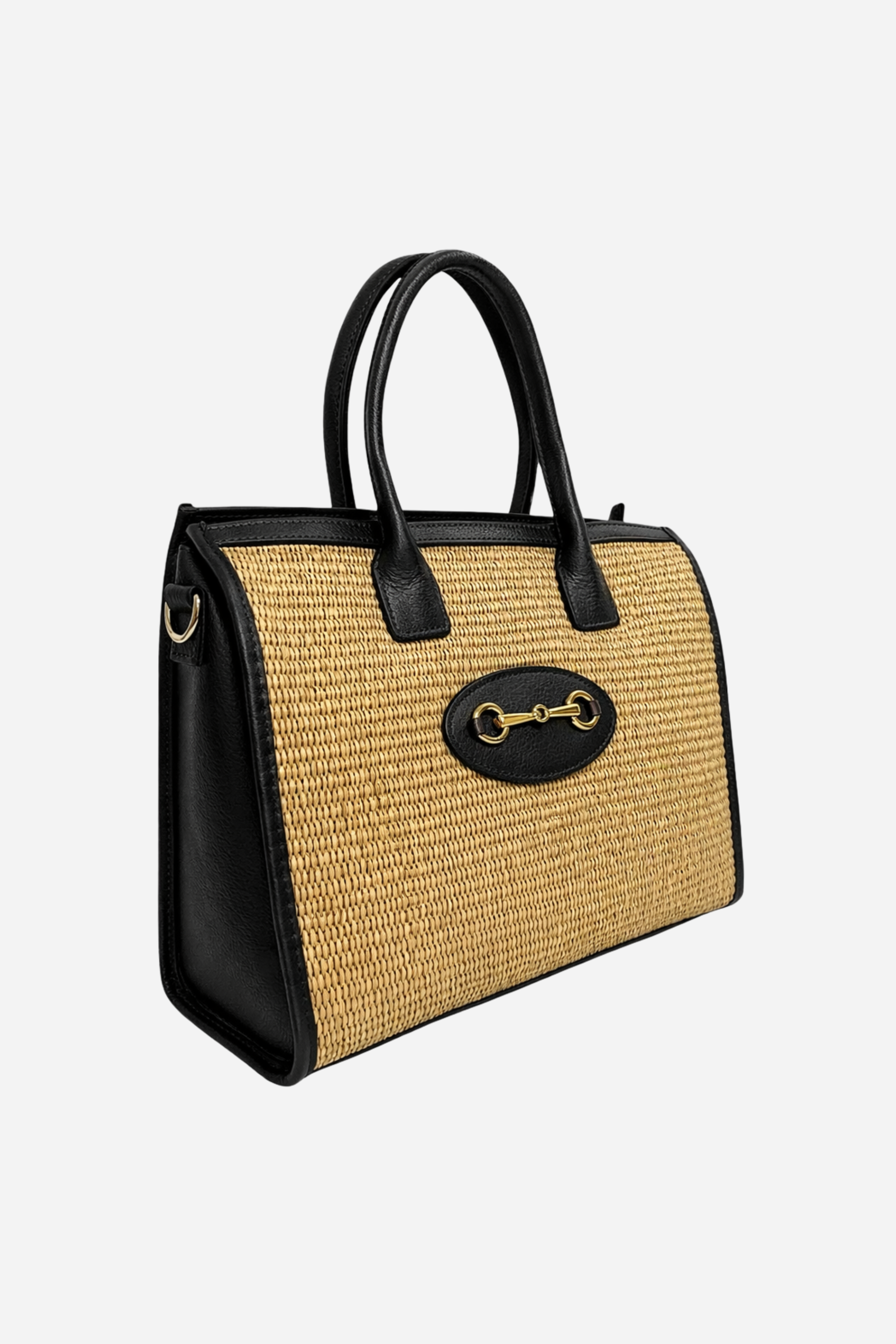 Raffia and leather horsebit shopper tote with adjustable shoulder strap and zip closure, equestrian-inspired everyday handbag.