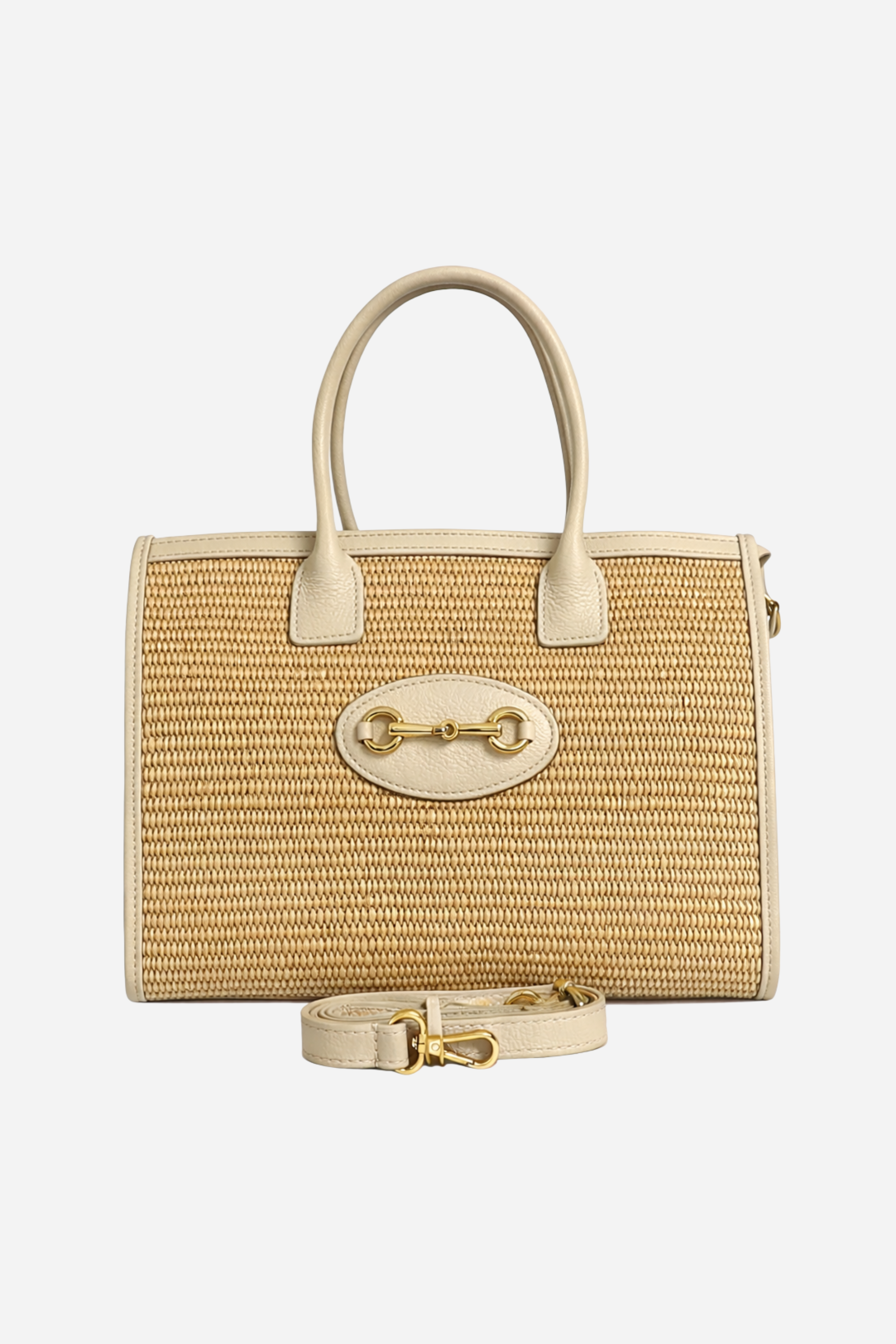 Raffia and leather horsebit shopper tote with adjustable shoulder strap and zip closure, equestrian-inspired everyday handbag.