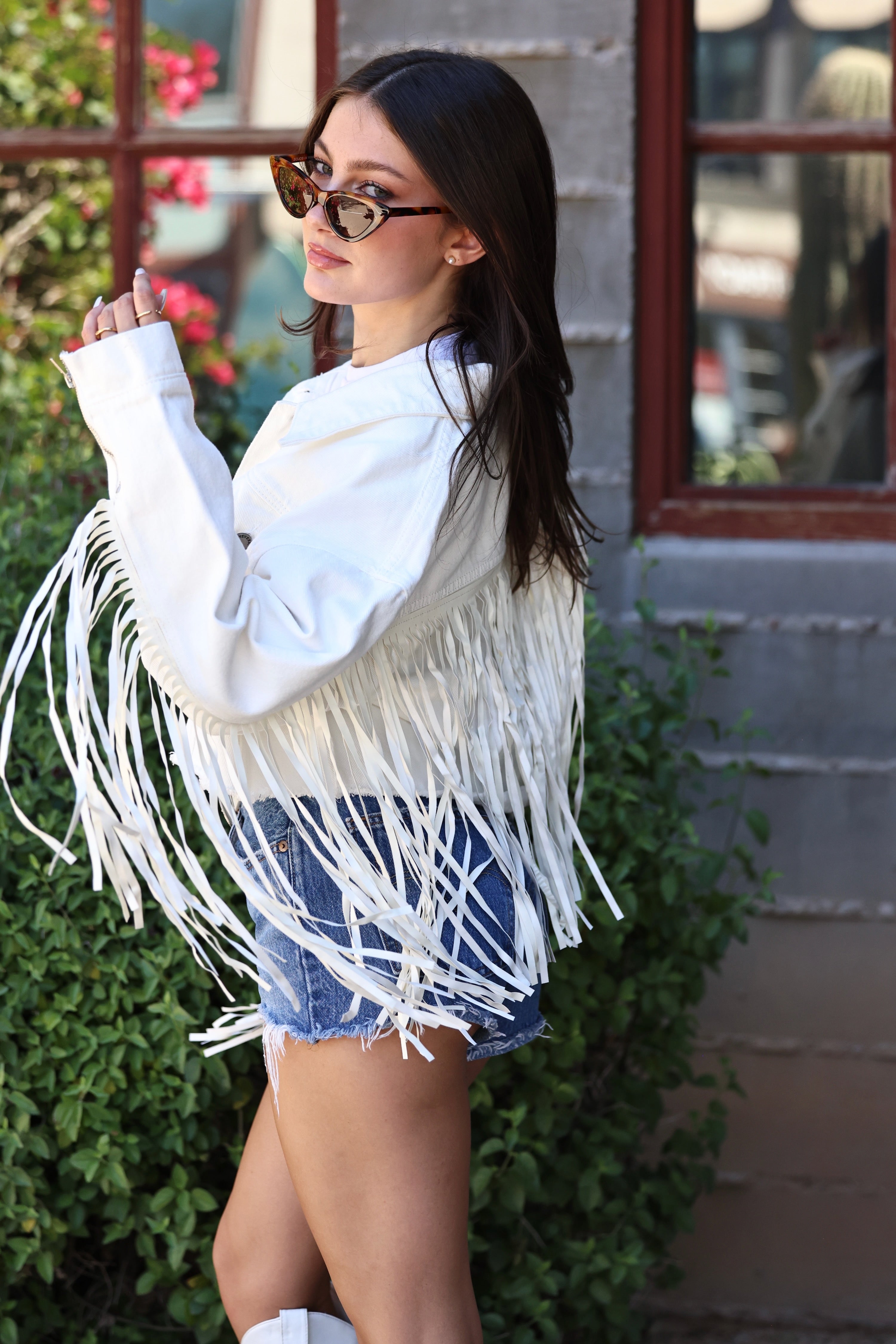 veveret stylish equestrian aynsley fringe denim jacket white