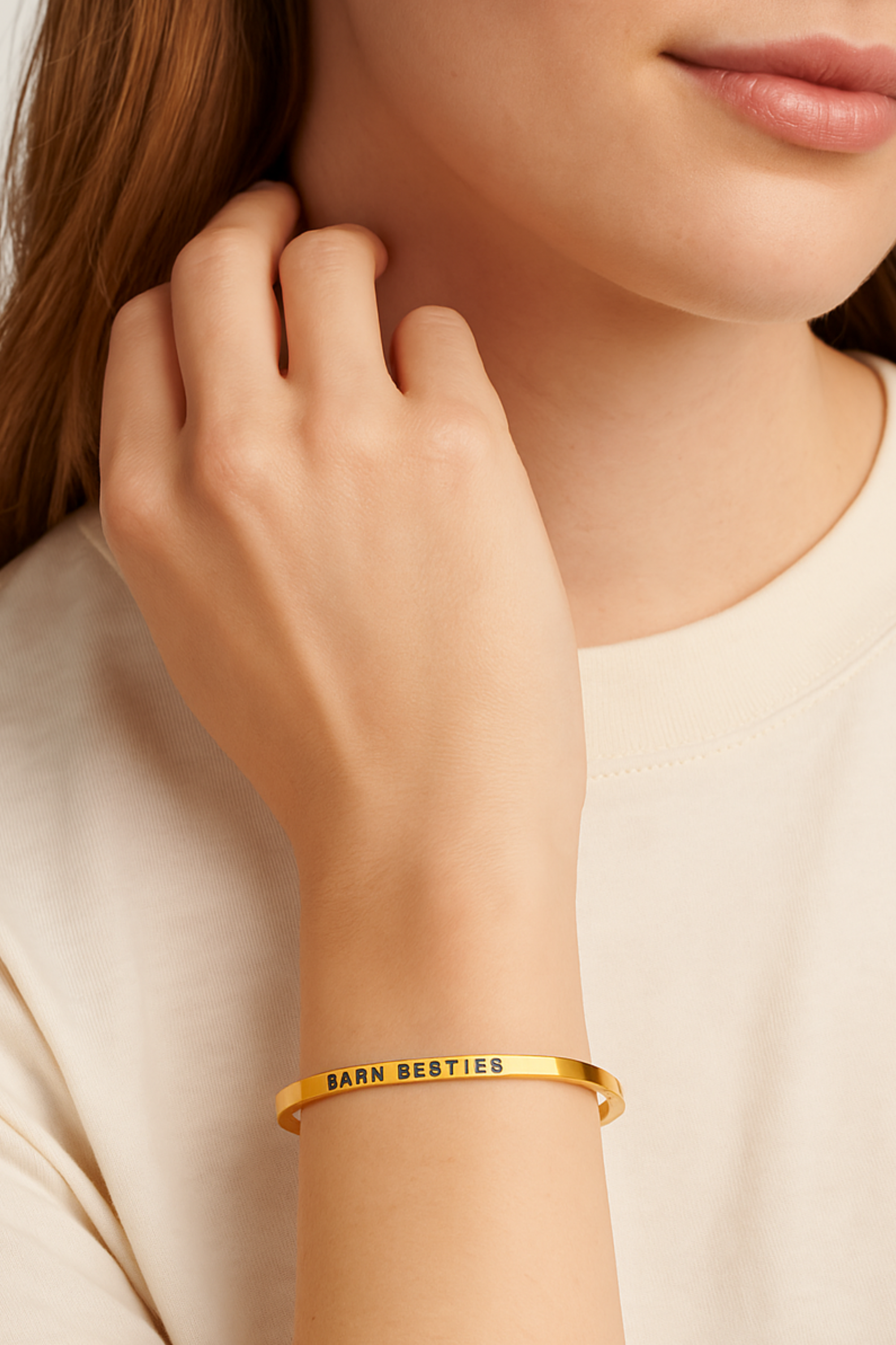 Barn Besties Bangle — adjustable stainless steel equestrian bracelet available in gold and silver. Features 18k gold-dipped finish on gold version. Stylish Equestrian exclusive design symbolizing friendship and connection between horse lovers.