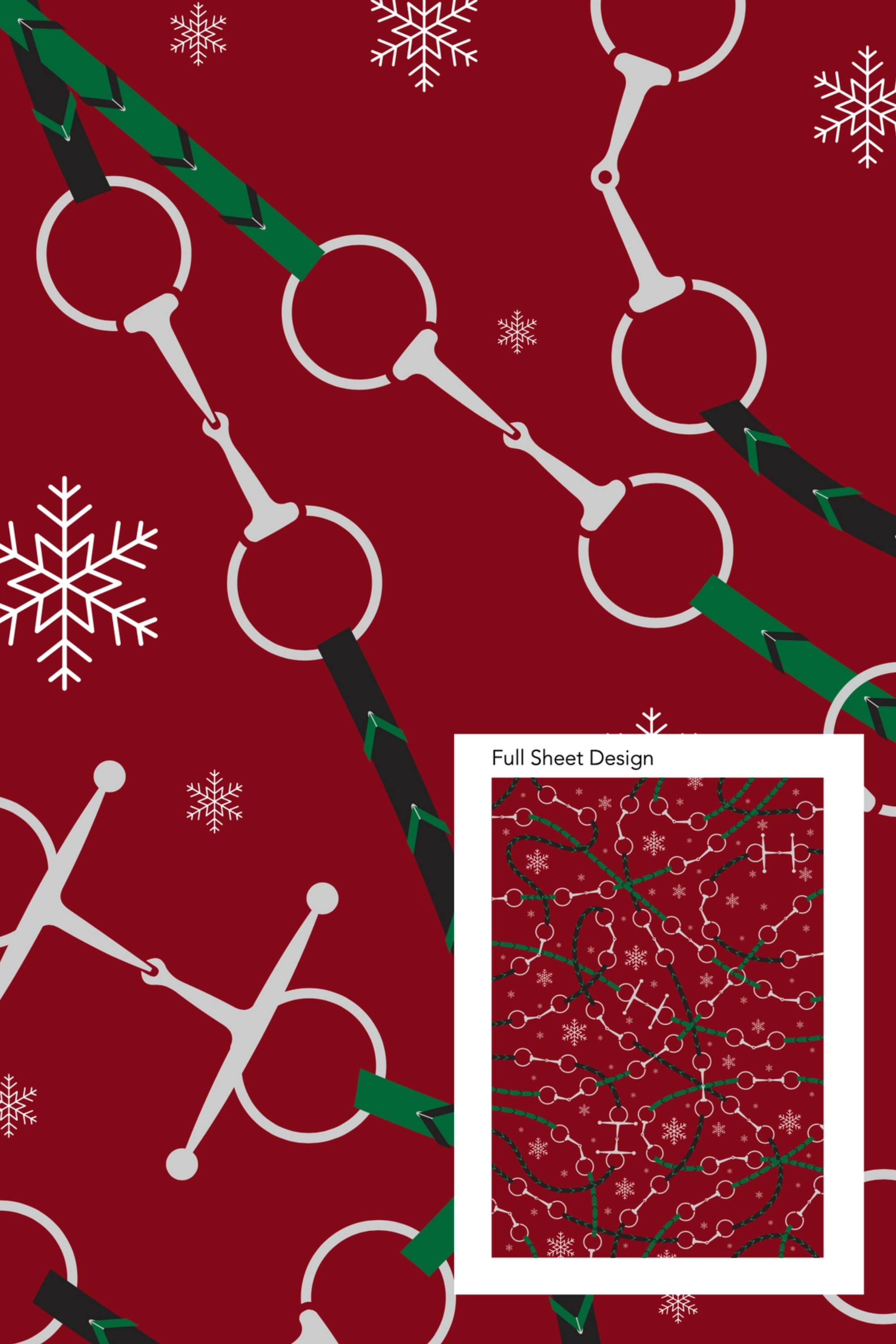 Set of three festive equestrian gift wrap sheets featuring a repeating pattern of horse bits and reins printed on luxurious, subtly textured high-quality paper. Perfect for holiday gifts, horse lovers, and equestrian-inspired packaging. Made in the USA. equestrian gift wrapping paper, horse themed wrapping paper, horse bit gift wrap sheets, holiday equestrian wrapping paper, luxury horse wrapping paper, equestrian stationery, elegant horse gift wrap, horse lover gift wrap, premium horse gift wrap