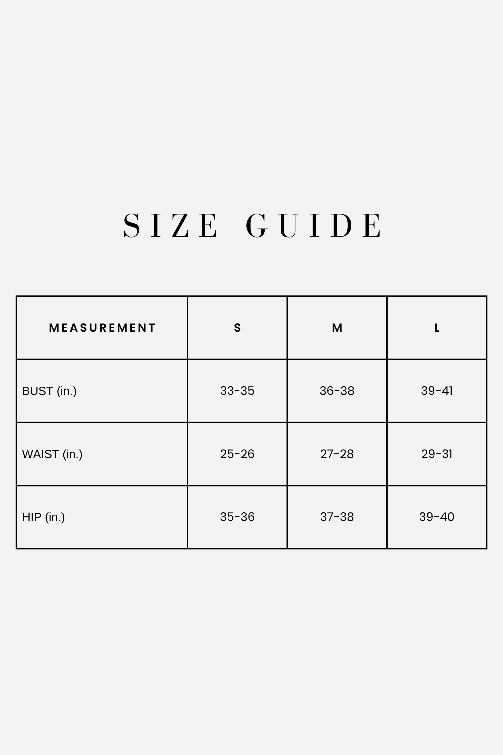 Size guide chart for clothing measurements on a white background