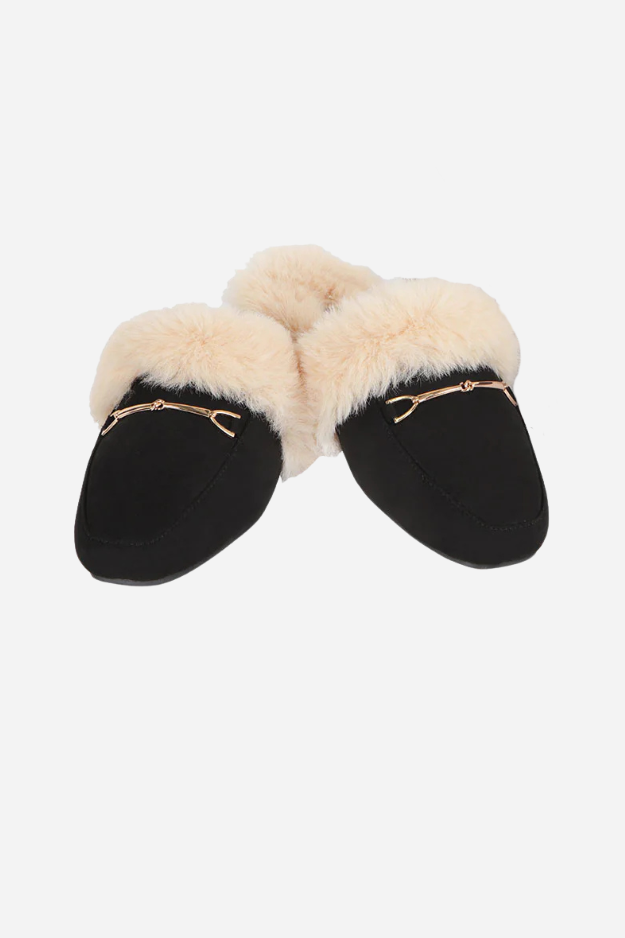 Pair of black slippers with beige fur on a white background - Women’s loafer slippers, Faux-fur lined mules, Black slip-on loafers, Cozy fashion slippers, Women’s bit loafers, Plush indoor outdoor slippers, Women’s mule slippers, Chic faux-fur loafers, Backless loafer-style mules, Stylish lounge slippers