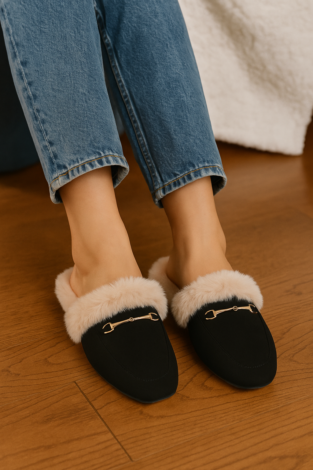 Pair of black slippers with beige fur on a white background - Women’s loafer slippers, Faux-fur lined mules, Black slip-on loafers, Cozy fashion slippers, Women’s bit loafers, Plush indoor outdoor slippers, Women’s mule slippers, Chic faux-fur loafers, Backless loafer-style mules, Stylish lounge slippers