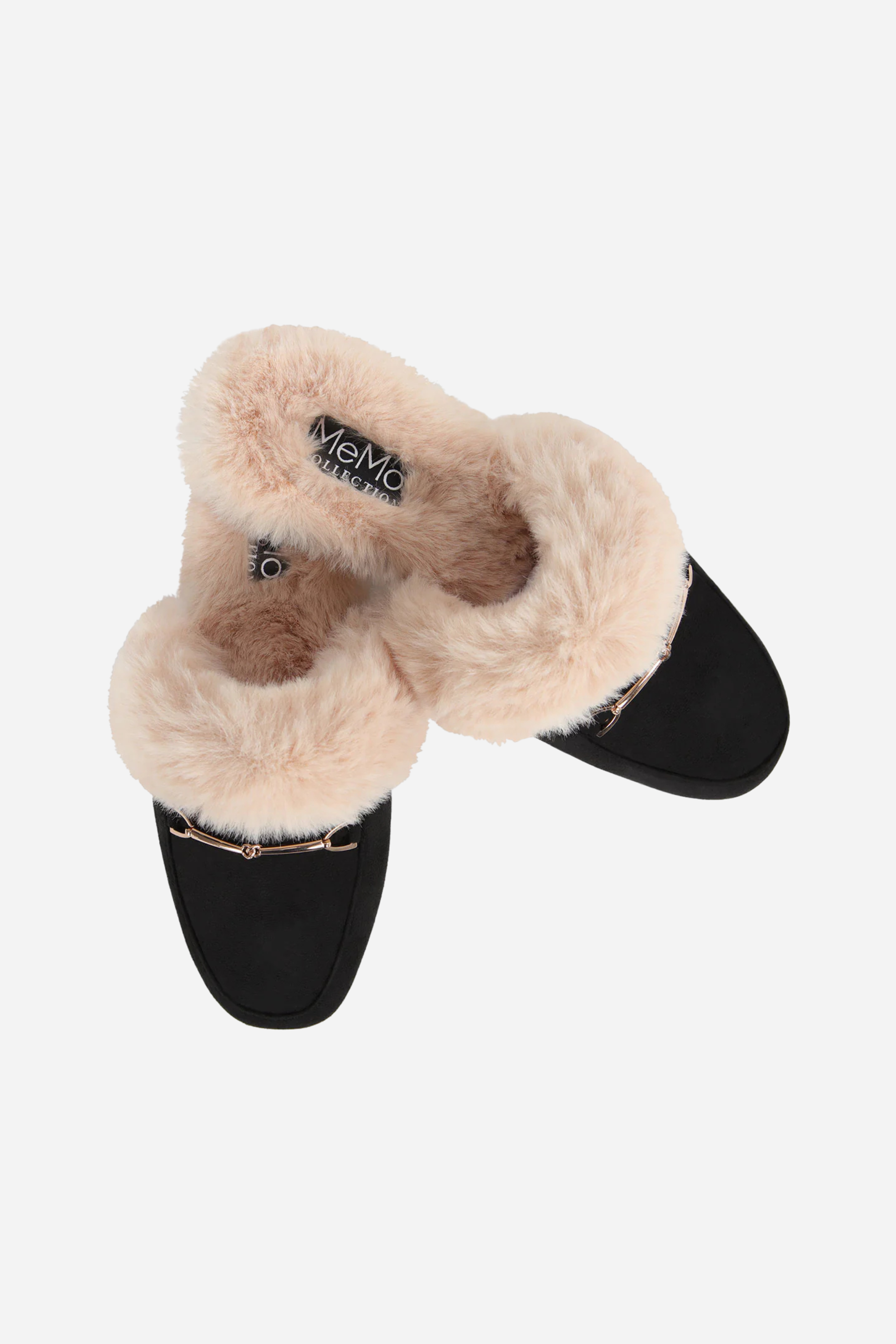 Pair of black slippers with beige fur lining on a white background - Women’s loafer slippers, Faux-fur lined mules, Black slip-on loafers, Cozy fashion slippers, Women’s bit loafers, Plush indoor outdoor slippers, Women’s mule slippers, Chic faux-fur loafers, Backless loafer-style mules, Stylish lounge slippers