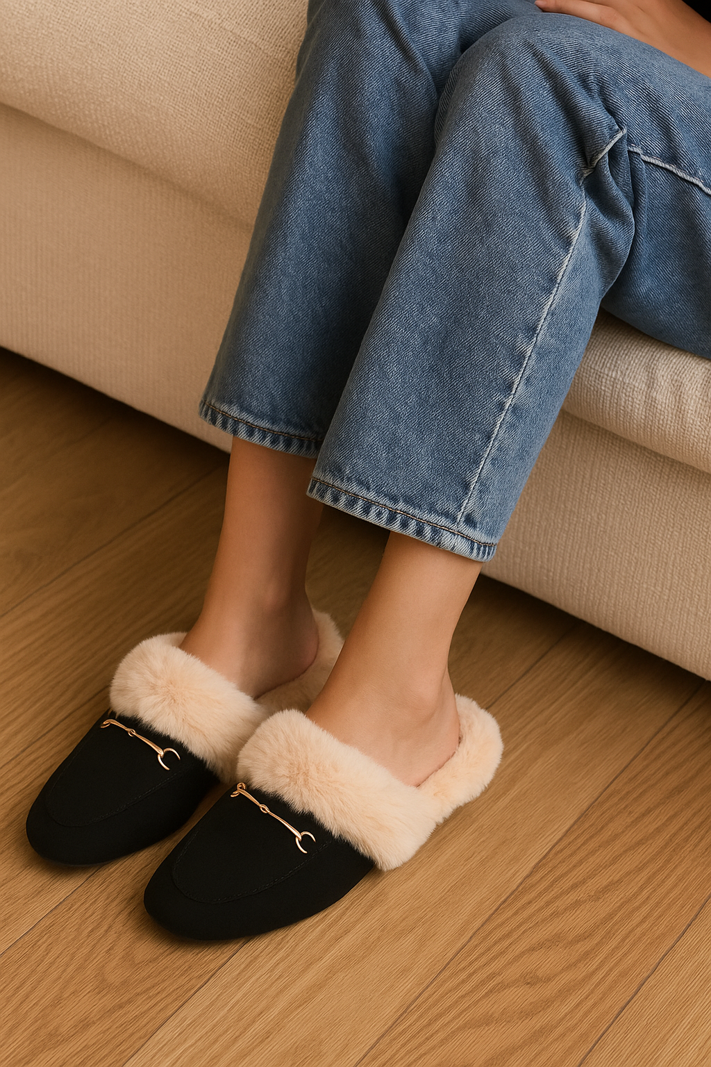 Pair of black slippers with beige fur on a white background - Women’s loafer slippers, Faux-fur lined mules, Black slip-on loafers, Cozy fashion slippers, Women’s bit loafers, Plush indoor outdoor slippers, Women’s mule slippers, Chic faux-fur loafers, Backless loafer-style mules, Stylish lounge slippers