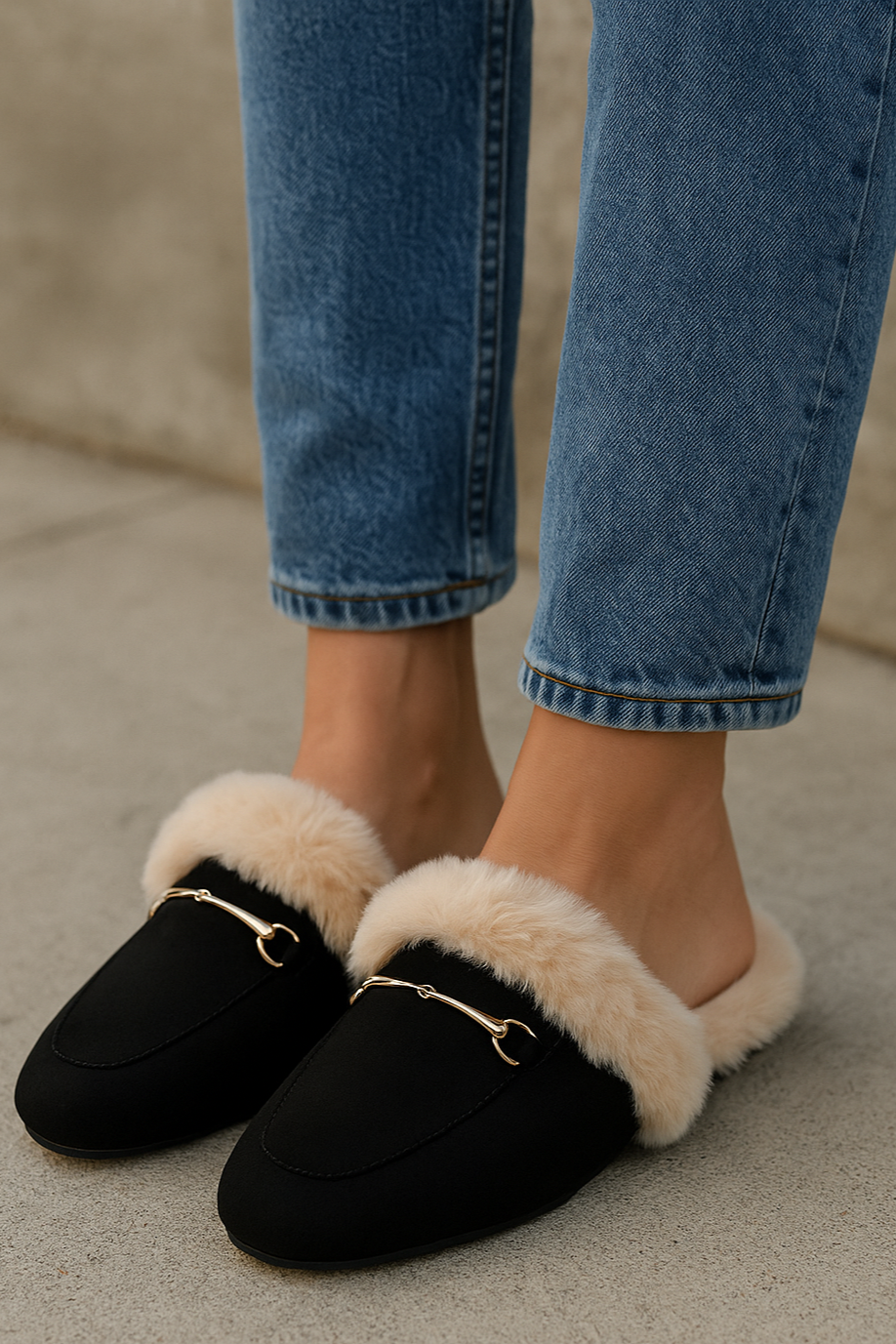 Pair of black slippers with beige fur on a white background - Women’s loafer slippers, Faux-fur lined mules, Black slip-on loafers, Cozy fashion slippers, Women’s bit loafers, Plush indoor outdoor slippers, Women’s mule slippers, Chic faux-fur loafers, Backless loafer-style mules, Stylish lounge slippers