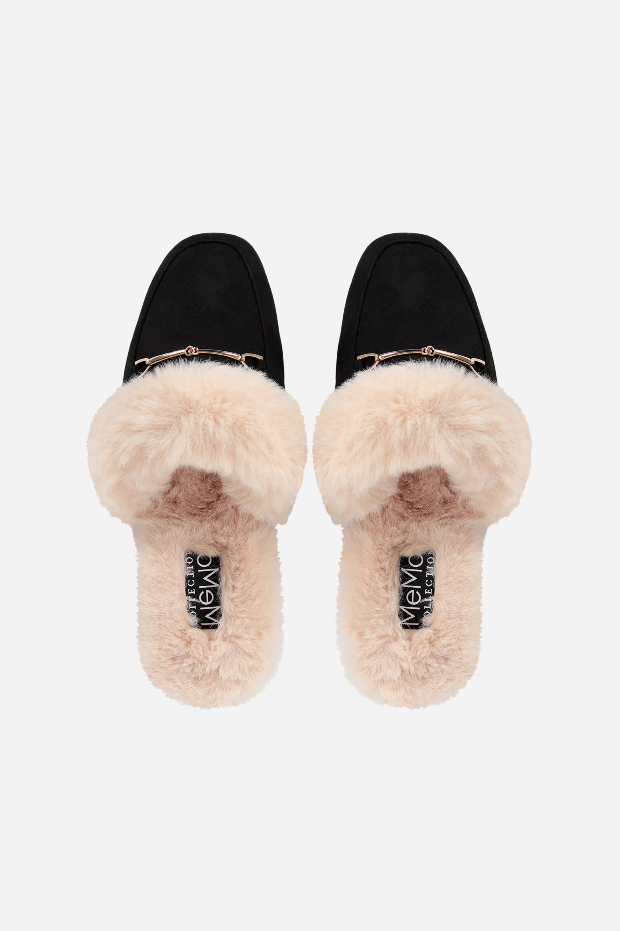 Pair of black slippers with fluffy pom-poms on a white background - Women’s loafer slippers, Faux-fur lined mules, Black slip-on loafers, Cozy fashion slippers, Women’s bit loafers, Plush indoor outdoor slippers, Women’s mule slippers, Chic faux-fur loafers, Backless loafer-style mules, Stylish lounge slippers