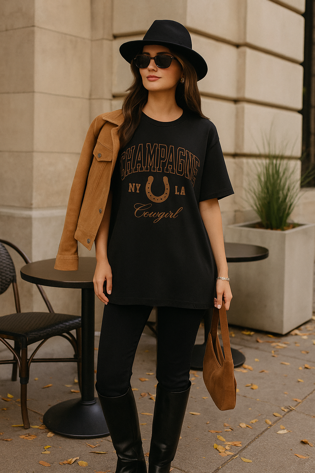 Easygoing 100% cotton tee featuring bold varsity “Champagne Cowgirl” lettering with a horseshoe graphic. Relaxed, loose fit for everyday comfort and style.