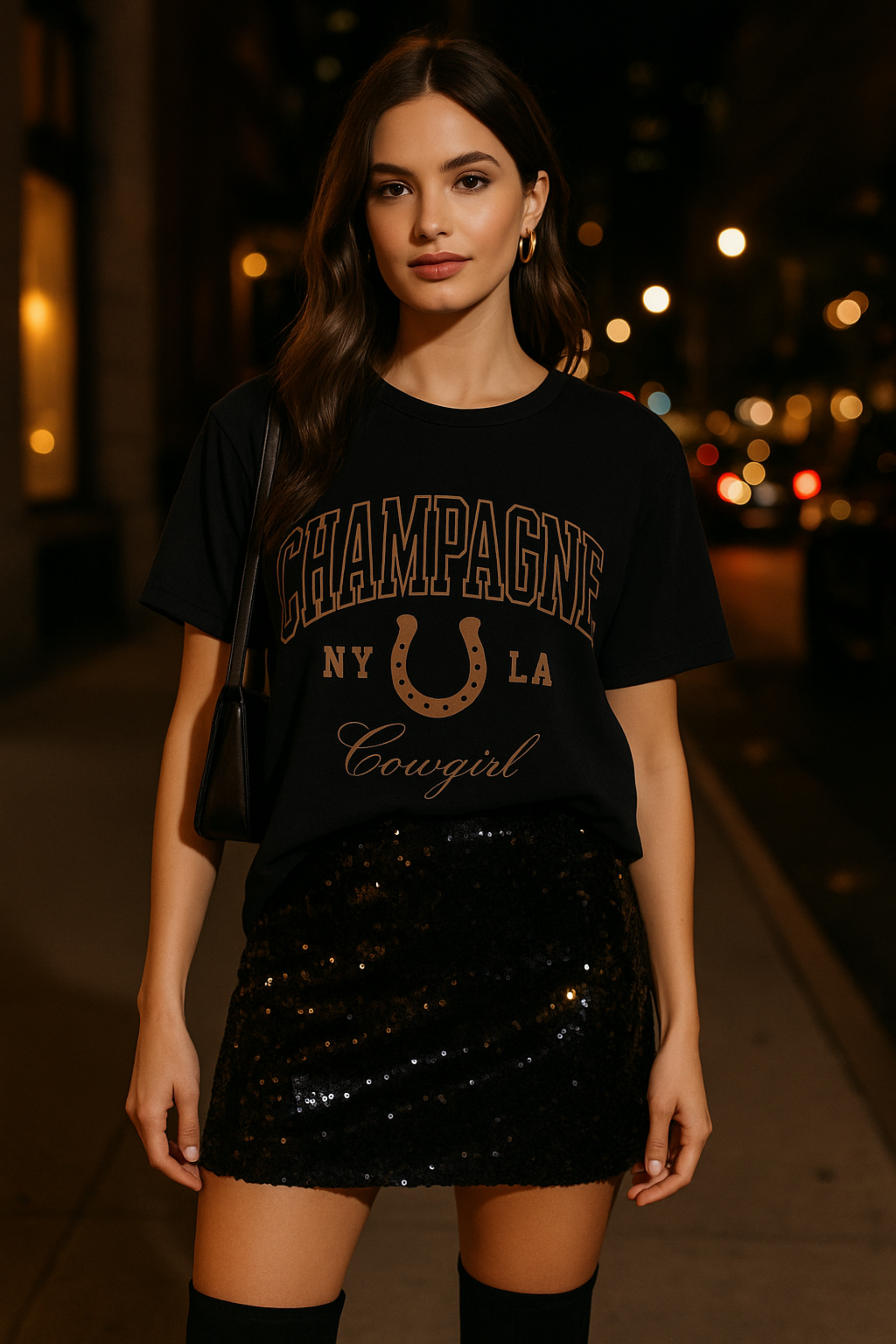 Easygoing 100% cotton tee featuring bold varsity “Champagne Cowgirl” lettering with a horseshoe graphic. Relaxed, loose fit for everyday comfort and style.