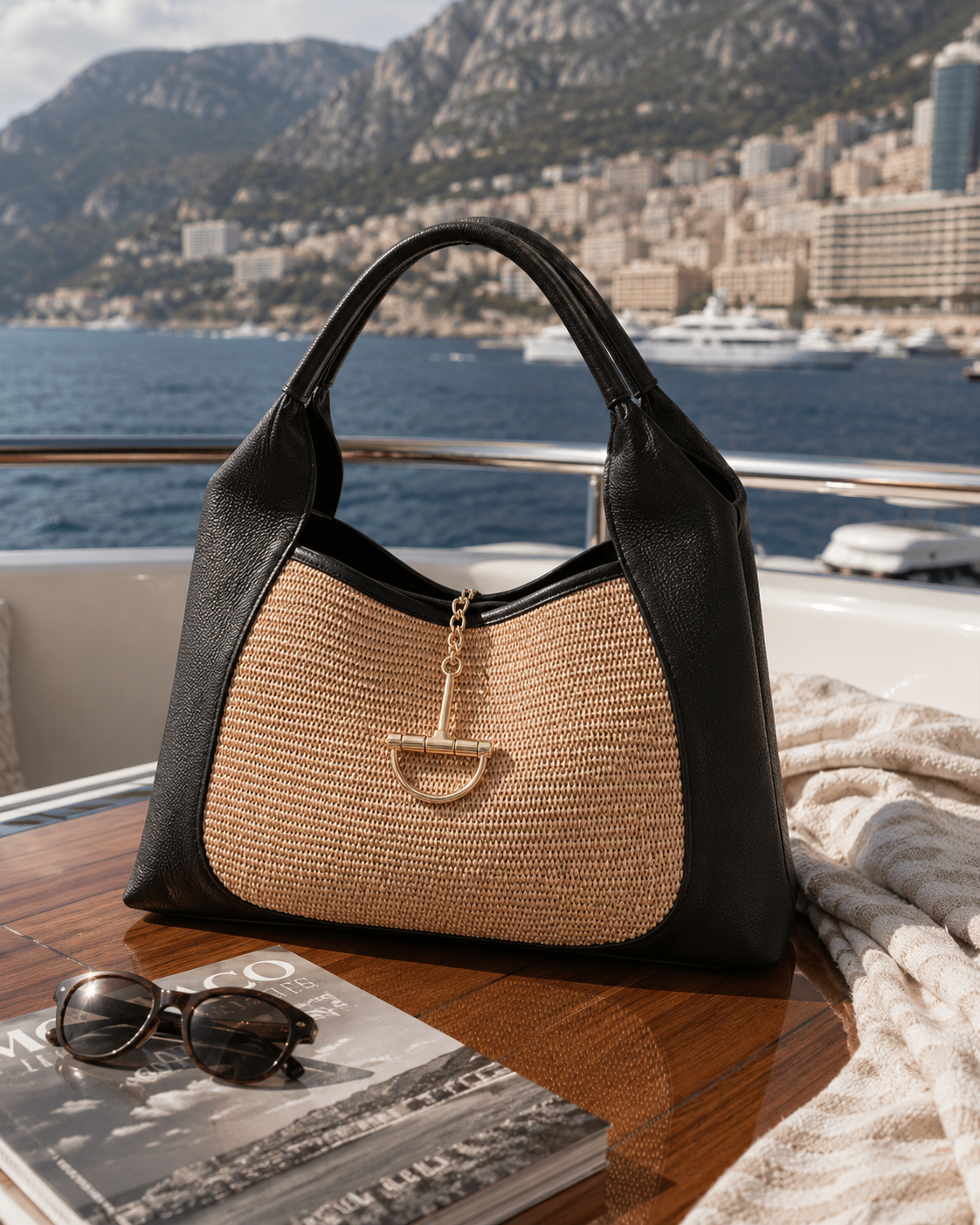 Sloane Large Raffia Saddle Bag - Black
