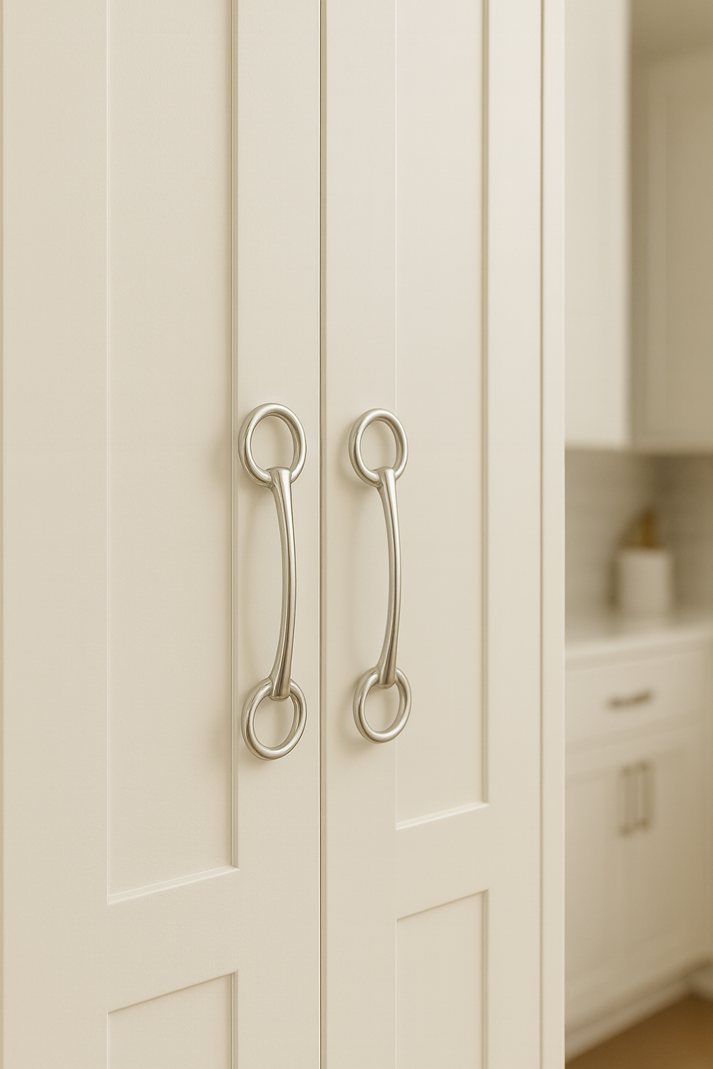 Close-up of a white wardrobe with silver handles in a blurred room setting- equestrian home decor and interior design, horse themed hardware, snaffle bit drawer handle, equestrian home interiors