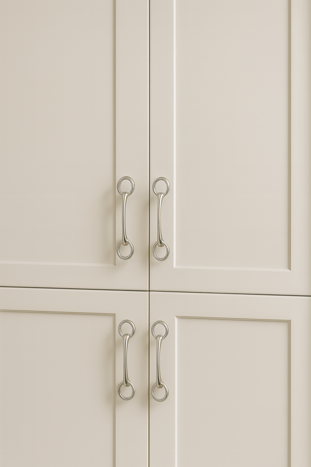 Beige kitchen cabinets with metallic handles - equestrian home decor and interior design, horse themed hardware, snaffle bit drawer handle, equestrian home interiors