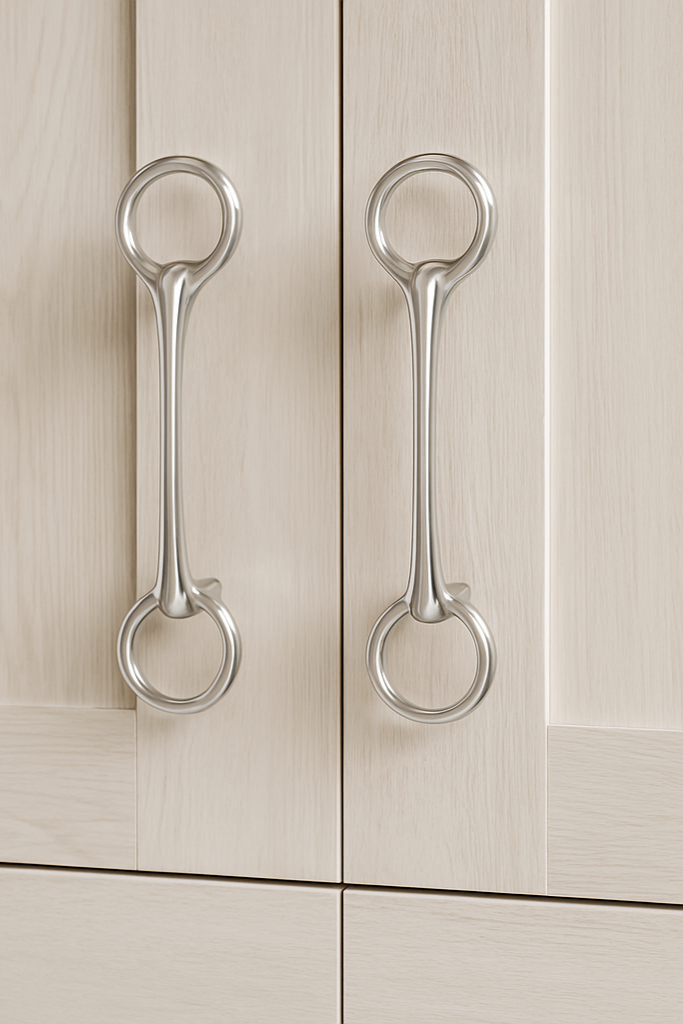 Pair of silver cabinet handles on a light wood panel background - equestrian home decor and interior design, horse themed hardware, snaffle bit drawer handle, equestrian home interiors