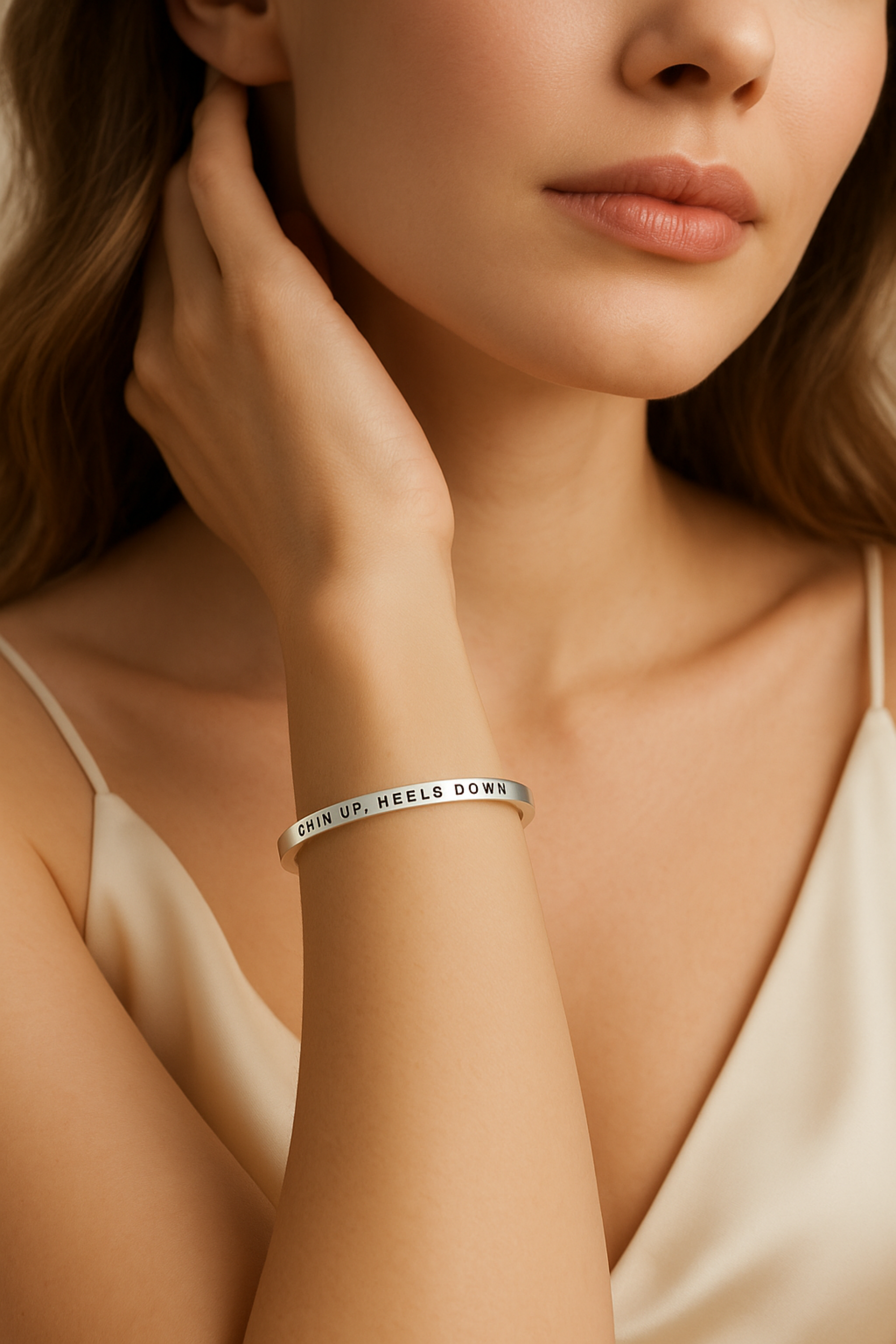 "Chin Up, Heels Down” bangle bracelet in gold or silver, crafted from stainless steel with a sleek, adjustable design. Tarnish-resistant and 18k gold dipped, this equestrian-inspired accessory makes a meaningful gift for horse lovers.