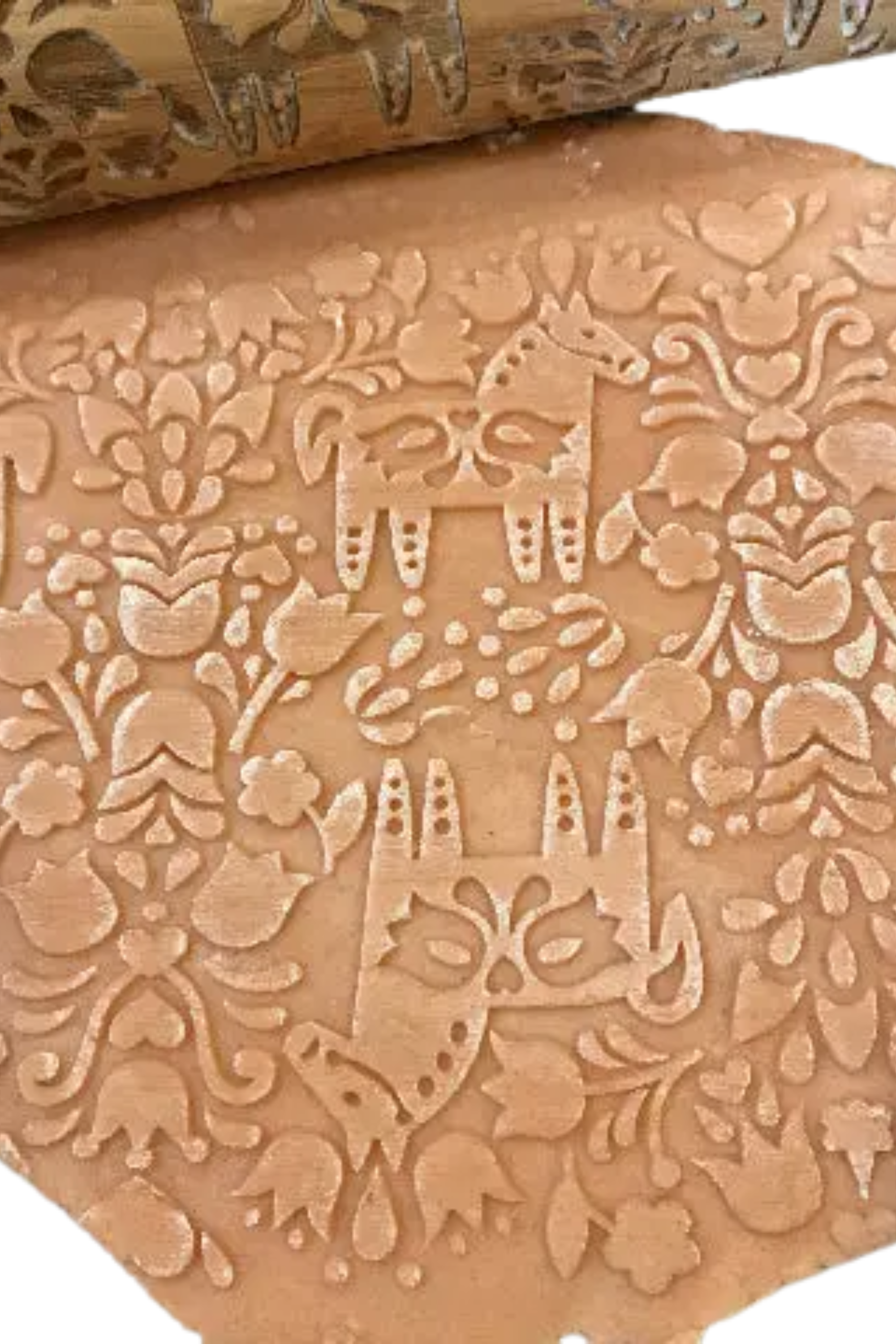 A Dala Horse Embossed Rolling Pin with an intricate floral pattern carved into its surface, designed for imprinting elegant Swedish-inspired motifs onto cookie dough, fondant, or craft materials. The rolling pin rests on a light wooden surface beside freshly embossed cookies and baking ingredients, showcasing its detailed craftsmanship and versatility for baking and crafting projects.