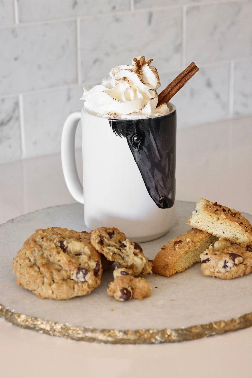 american brand studios stylish equestrian dark horse porcelain mug Dark Horse Mug featuring a sleek black horse silhouette on a classic 15 oz ceramic mug with a comfortable handle. Dishwasher and microwave safe, made in the USA — a stylish equestrian-inspired coffee cup for horse lovers.