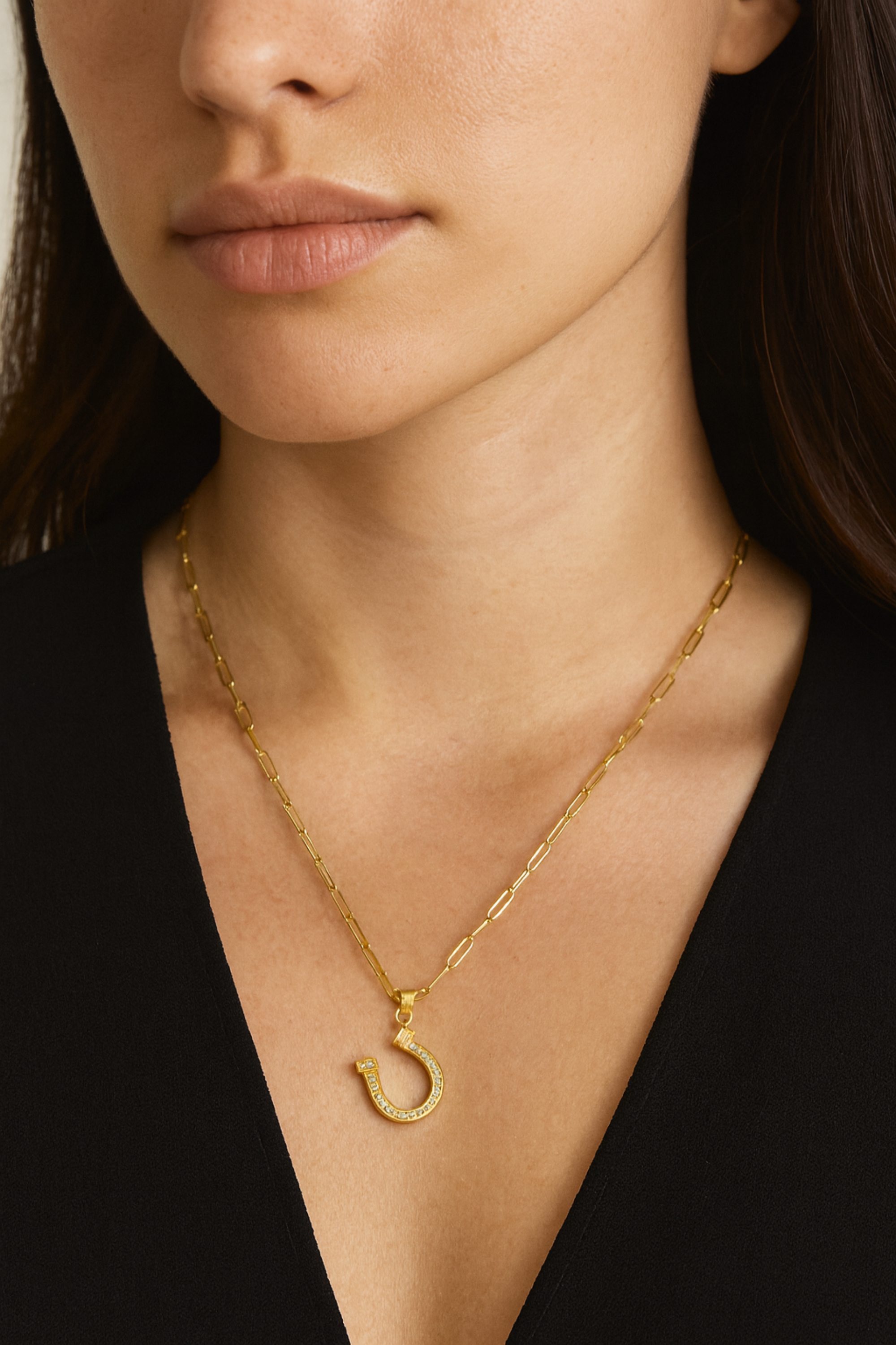 Delicate and dazzling Dion Horseshoe Necklace with a minimalist horseshoe charm suspended from a dainty 16-inch link chain. Perfect for everyday wear.