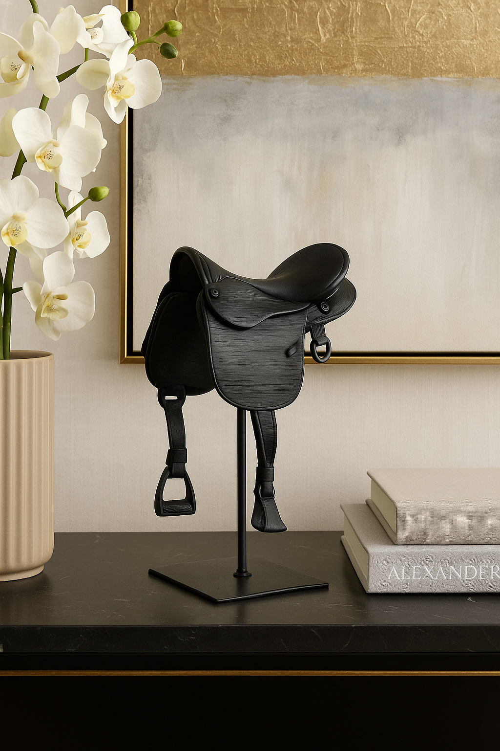 A matte black English-style equestrian saddle decor piece crafted from resin and metal, featuring fine detailing that mimics real saddle stitching and hardware. The saddle sits atop a sleek black metal rod and square base, standing 17 inches tall. Its minimalist, modern design evokes traditional riding gear while serving as a bold centerpiece for equestrian-themed home decor.
