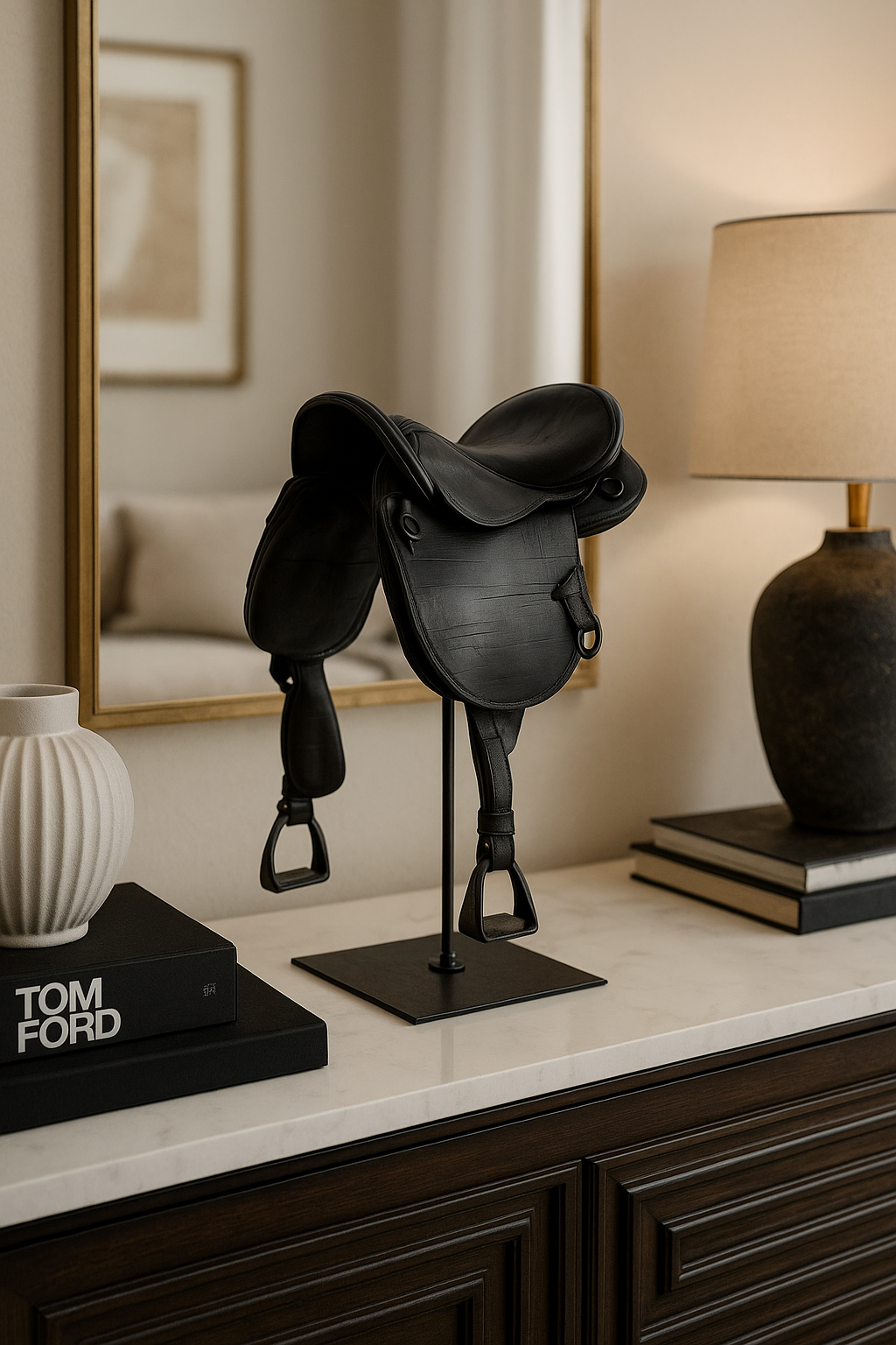 A matte black English-style equestrian saddle decor piece crafted from resin and metal, featuring fine detailing that mimics real saddle stitching and hardware. The saddle sits atop a sleek black metal rod and square base, standing 17 inches tall. Its minimalist, modern design evokes traditional riding gear while serving as a bold centerpiece for equestrian-themed home decor.