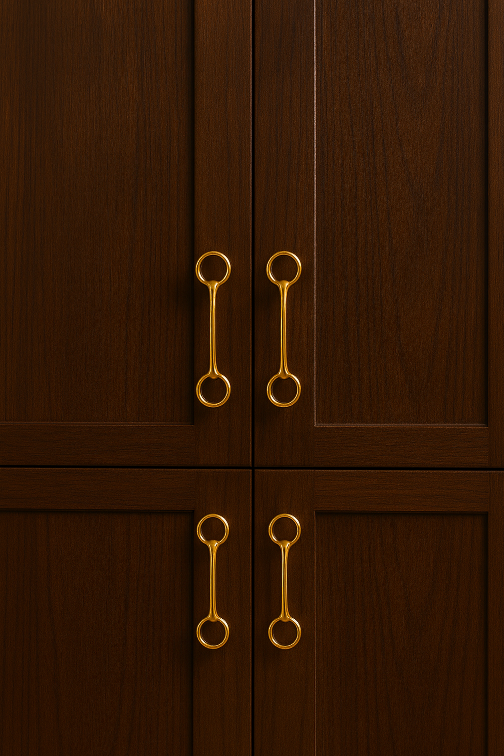 Dark wooden cabinet with gold handles - equestrian home decor and interior design, horse themed hardware, snaffle bit drawer handle, equestrian home interiors. Transform your space with authentic equestrian style. Our Ella Snaffle Bit Pull Hardware features a detailed brass finish snaffle bit design, lacquer-protected for lasting beauty. Perfect for tack rooms, kitchens & more. Hardware included.