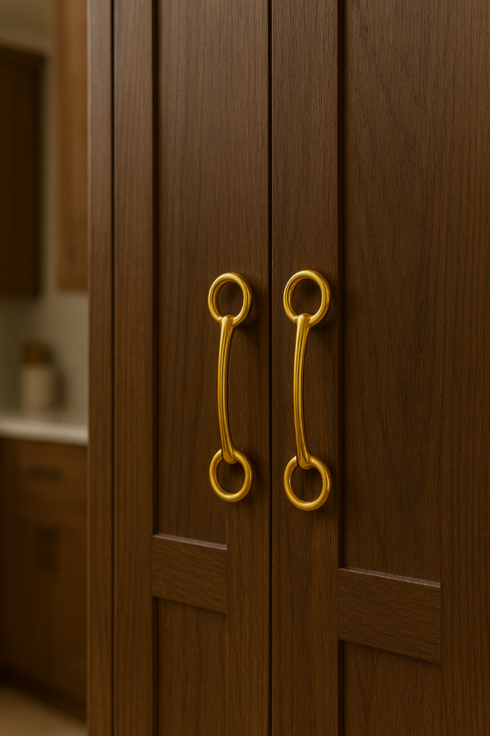 Wooden cabinet with gold handles in a kitchen setting- equestrian home decor and interior design, horse themed hardware, snaffle bit drawer handle, equestrian home interiors | Transform your space with authentic equestrian style. Our Ella Snaffle Bit Pull Hardware features a detailed brass finish snaffle bit design, lacquer-protected for lasting beauty. Perfect for tack rooms, kitchens & more. Hardware included.