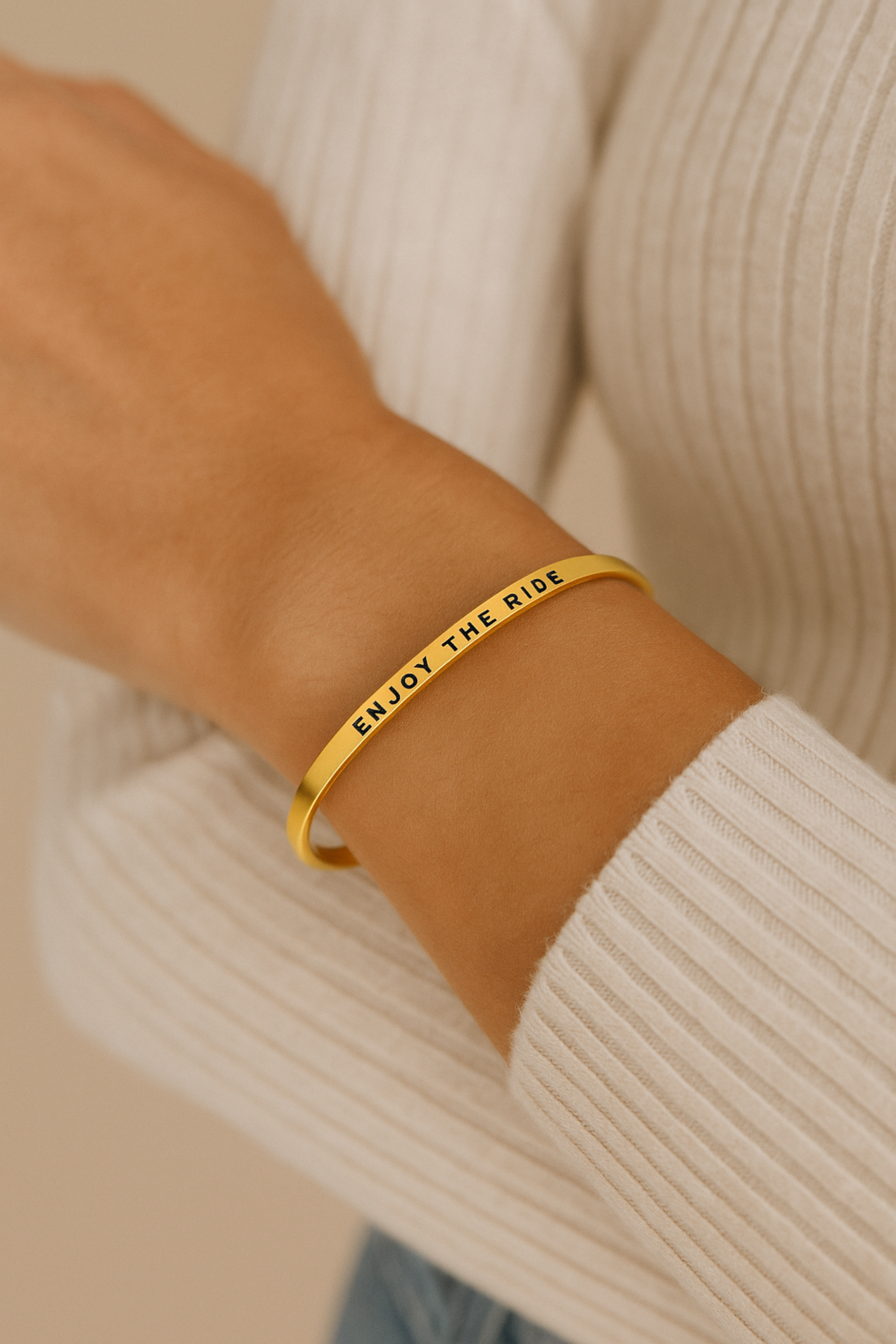 Enjoy The Ride Bangle available in gold and silver stainless steel. 18k gold-dipped, adjustable, tarnish-resistant, and lead-free equestrian bracelet. Perfect gift for horse lovers — Buy 2, Get 1 Free.
