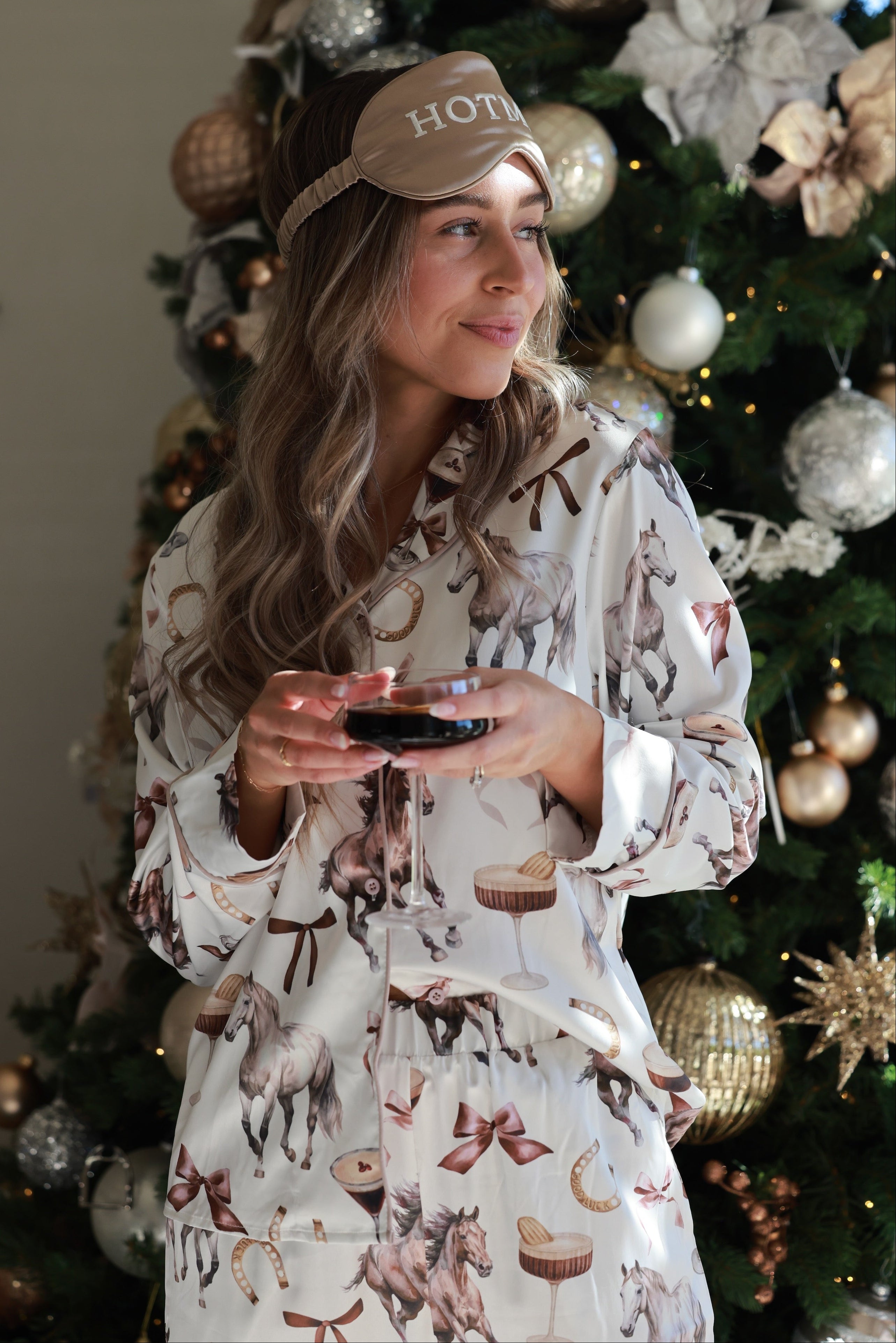 Satin equestrian pajama set with Espresso Mare-tini horse-themed print, button-up top, and elastic-waist pants. A chic holiday gift for horse girls and equestrian lovers.