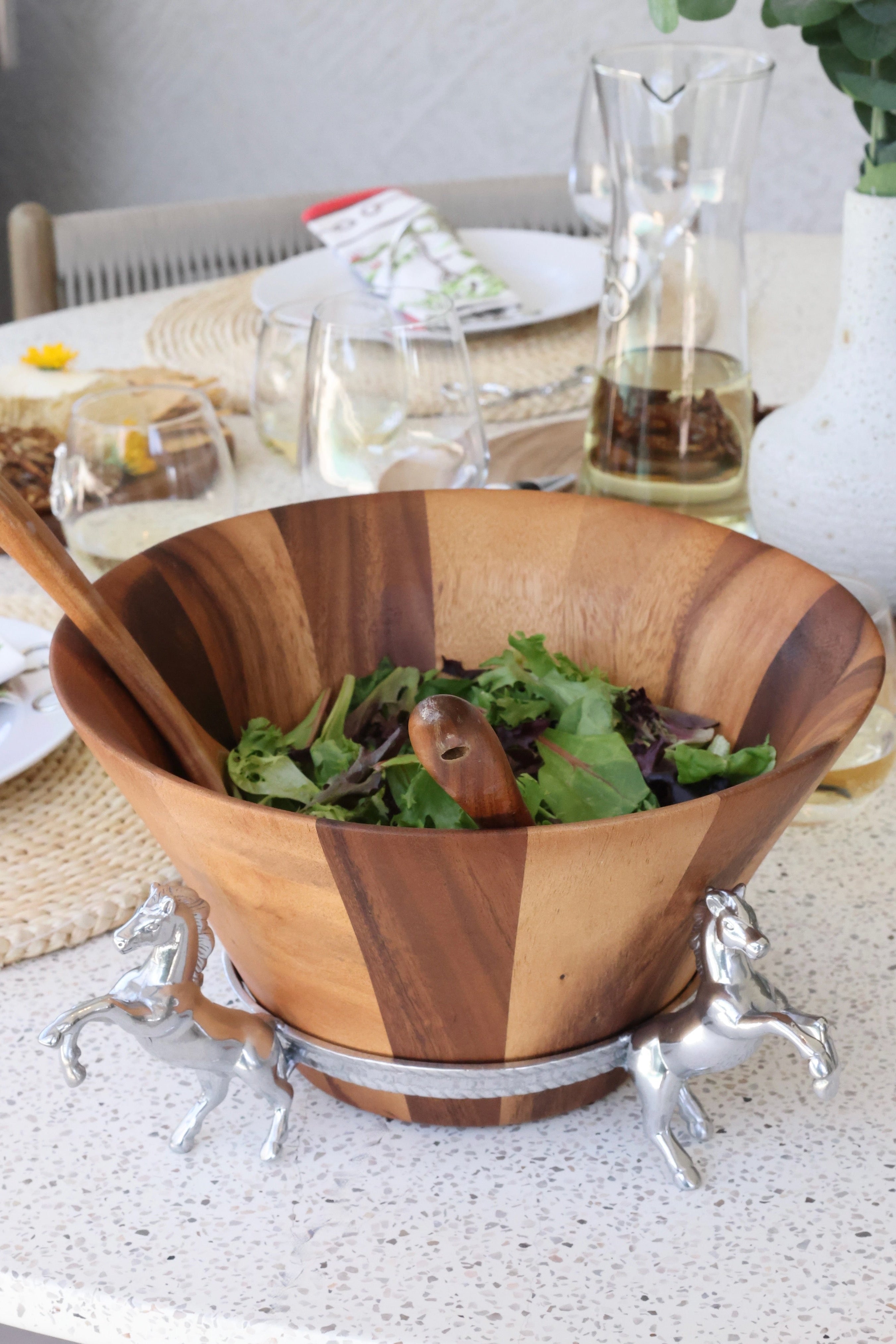 arthur court stylish equestrian four in hand wooden salad bowl