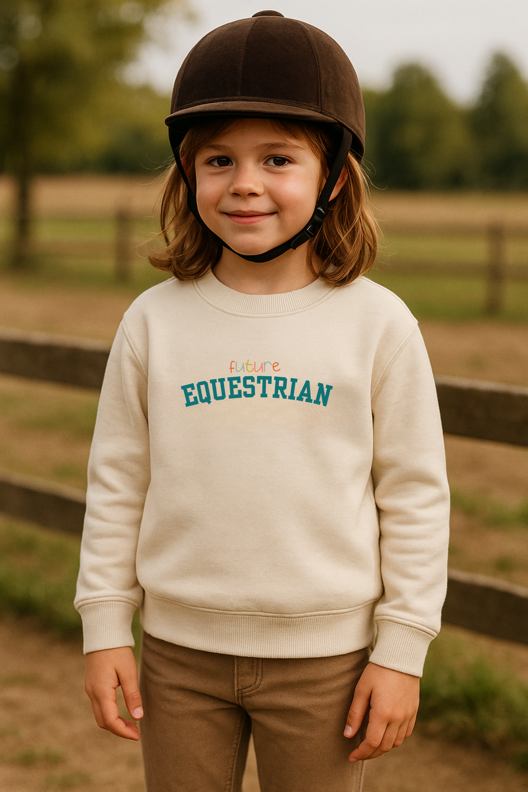 Future Equestrian toddler sweatshirt made from soft cotton/poly sponge fleece, featuring playful ‘Future Equestrian’ text across the front. Cozy unisex pullover with ribbed cuffs and relaxed fit for comfort and durability. Available in sizes 2T, 3T, 4T, and 5/6. Perfect for young riders and horse-loving kids. Future Equestrian Sweatshirt, kids equestrian apparel, toddler horse sweatshirt, horse lover kids clothing, equestrian children’s clothes, unisex equestrian sweatshirt, soft fleece pullover