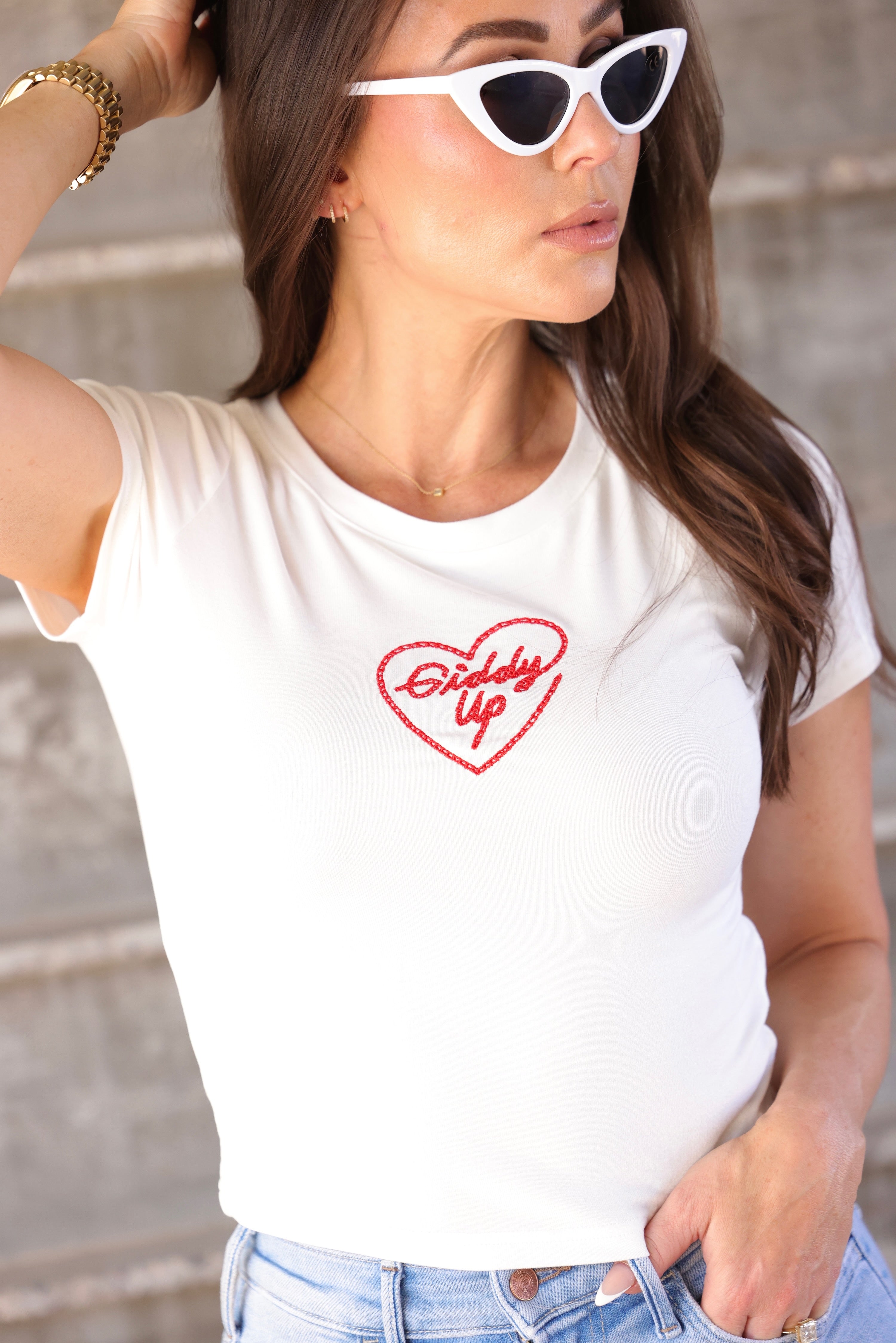 Pretty Garbage EMBROIDERED GIDDY UP TEE ribbed knit fabric, embroidered text, short sleeve