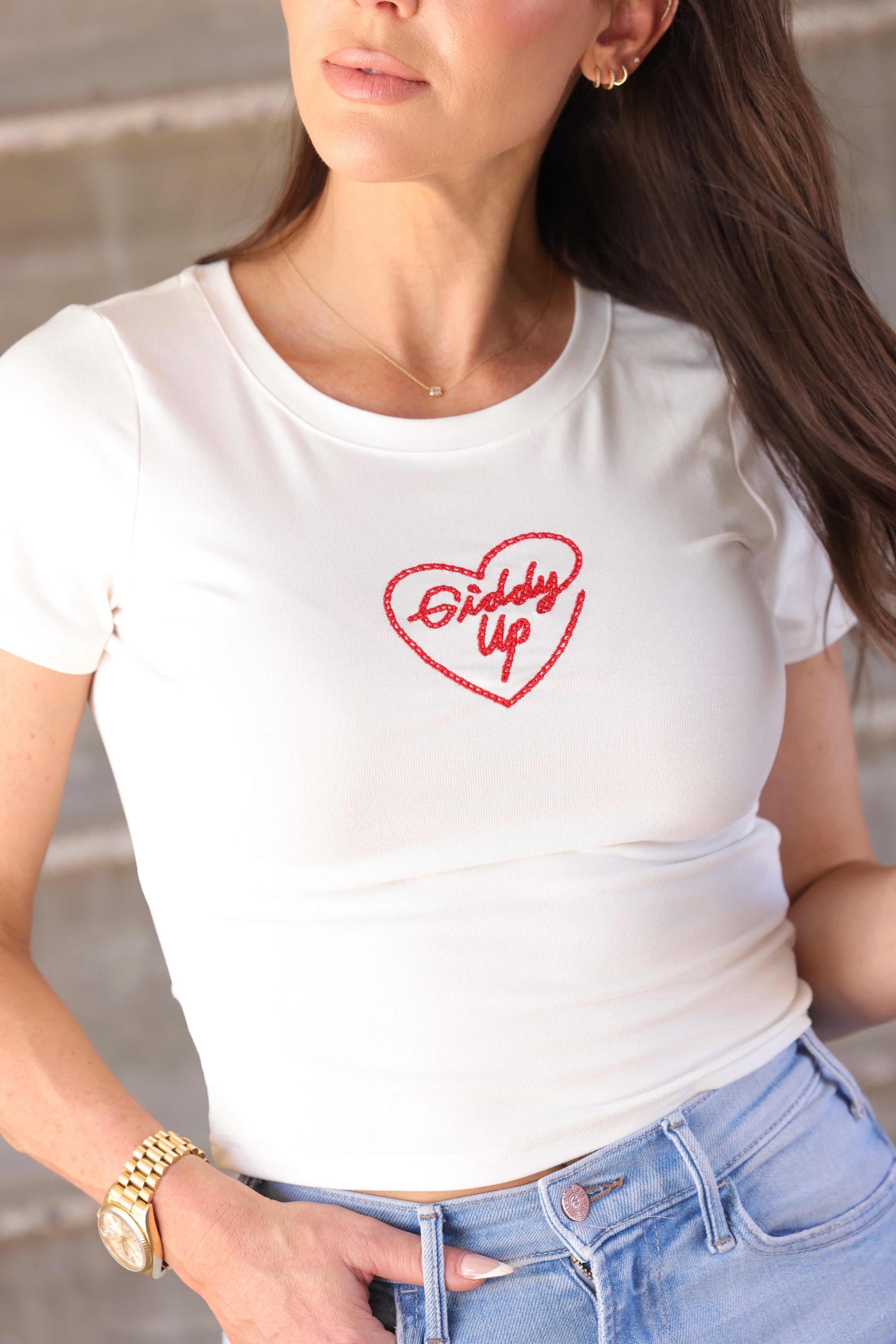 Pretty Garbage EMBROIDERED GIDDY UP TEE ribbed knit fabric, embroidered text, short sleeve