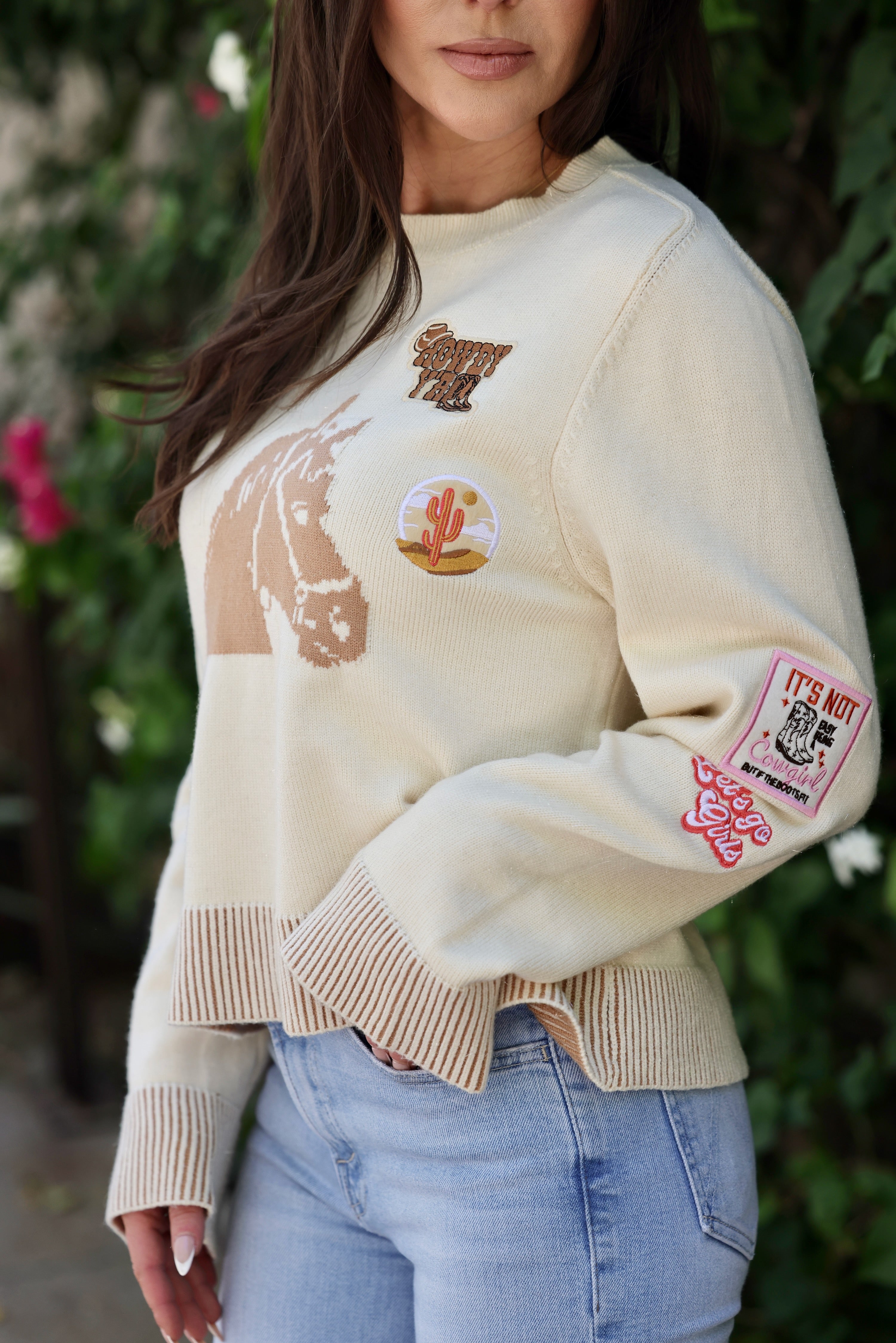 Blue B Giddy Up Patch Sweater, 36839W - Horse Graphic Western Patch Sweater, Ivory crop sweater with horse graphic, western patch accents, and soft lurex shine on comfy knit