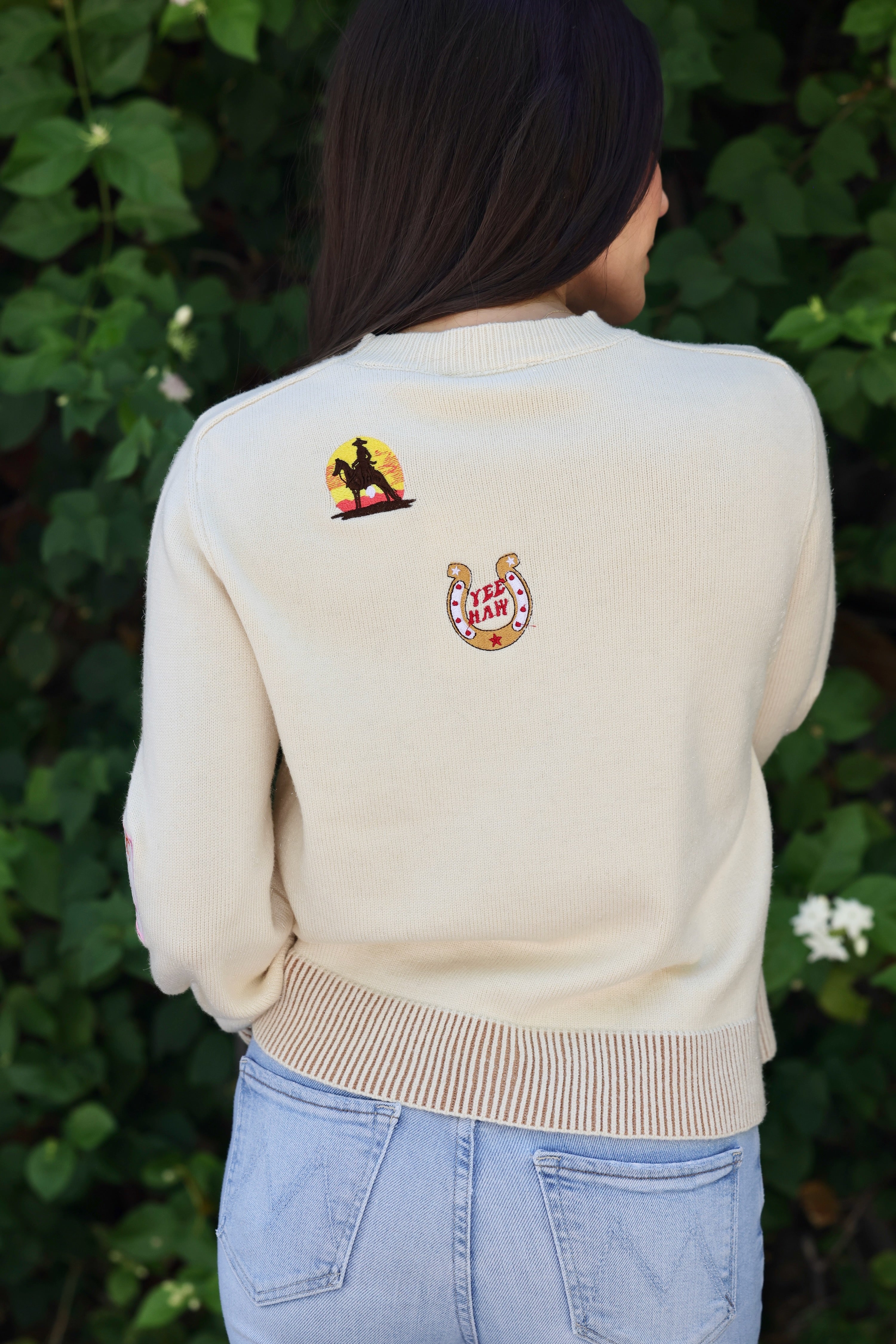 Blue B Giddy Up Patch Sweater, 36839W - Horse Graphic Western Patch Sweater, Ivory crop sweater with horse graphic, western patch accents, and soft lurex shine on comfy knit