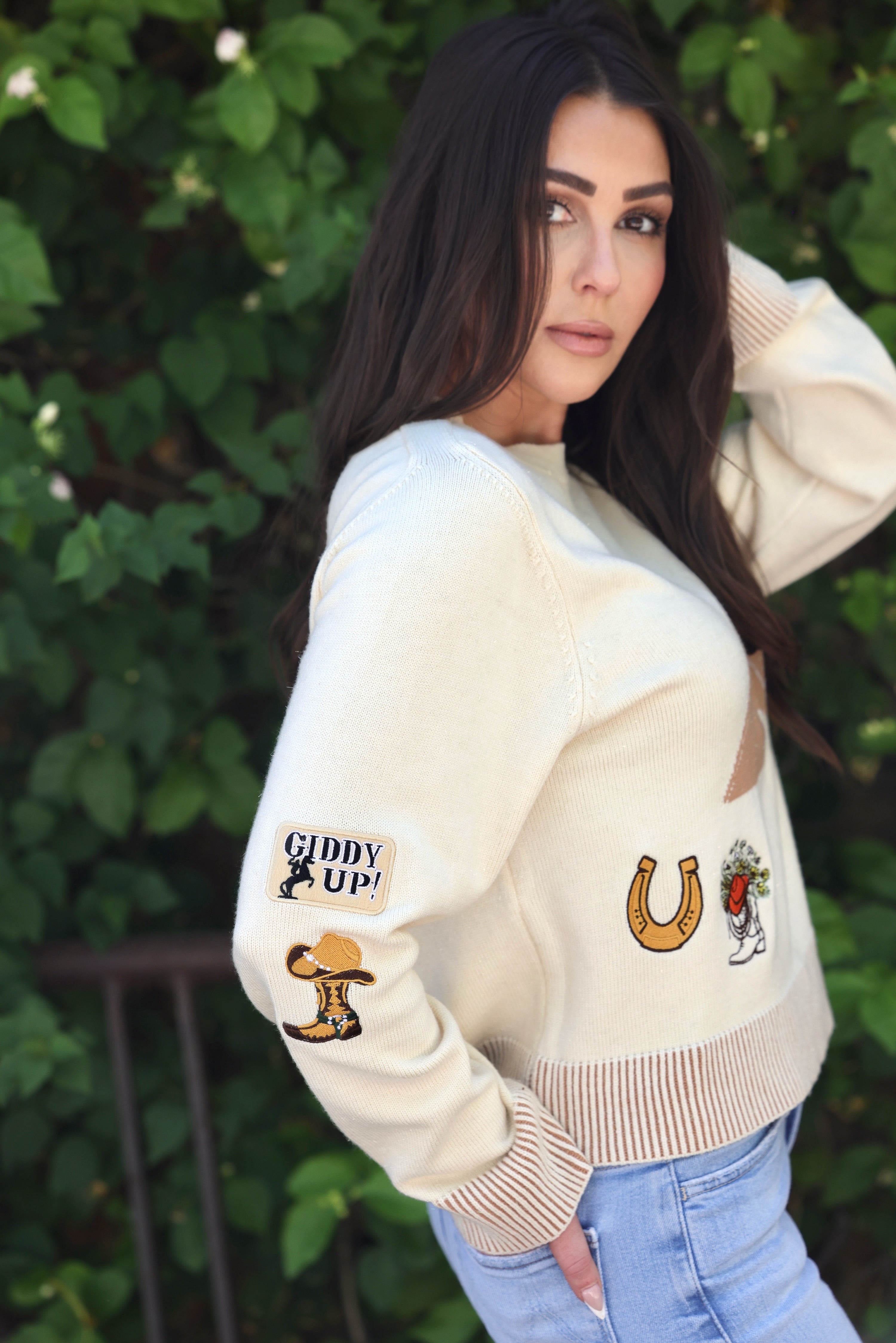 Blue B Giddy Up Patch Sweater, 36839W - Horse Graphic Western Patch Sweater, Ivory crop sweater with horse graphic, western patch accents, and soft lurex shine on comfy knit